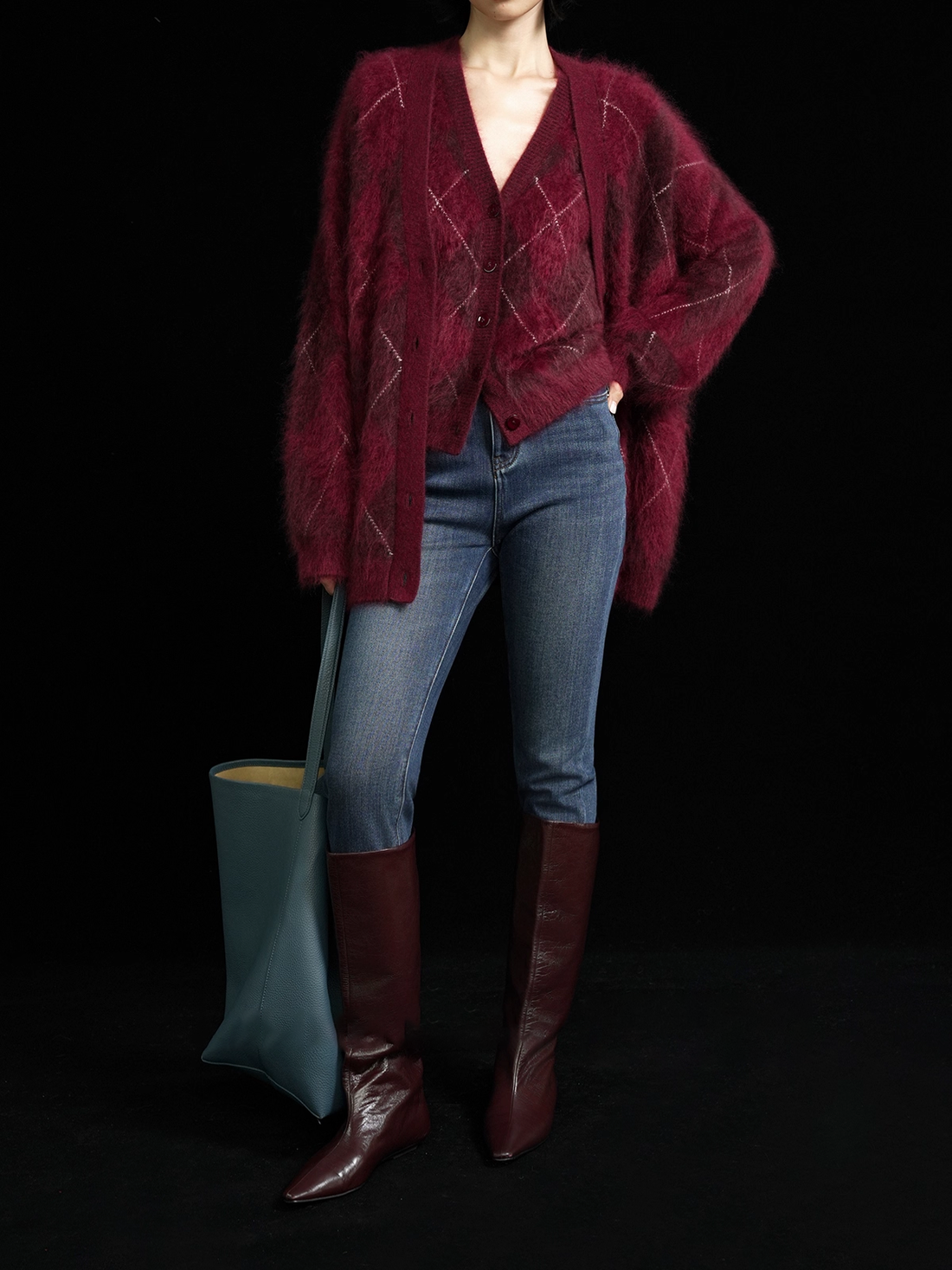 Heavyweight Brushed Knit Vintage Diamond-Pattern Sweater Vest for Women