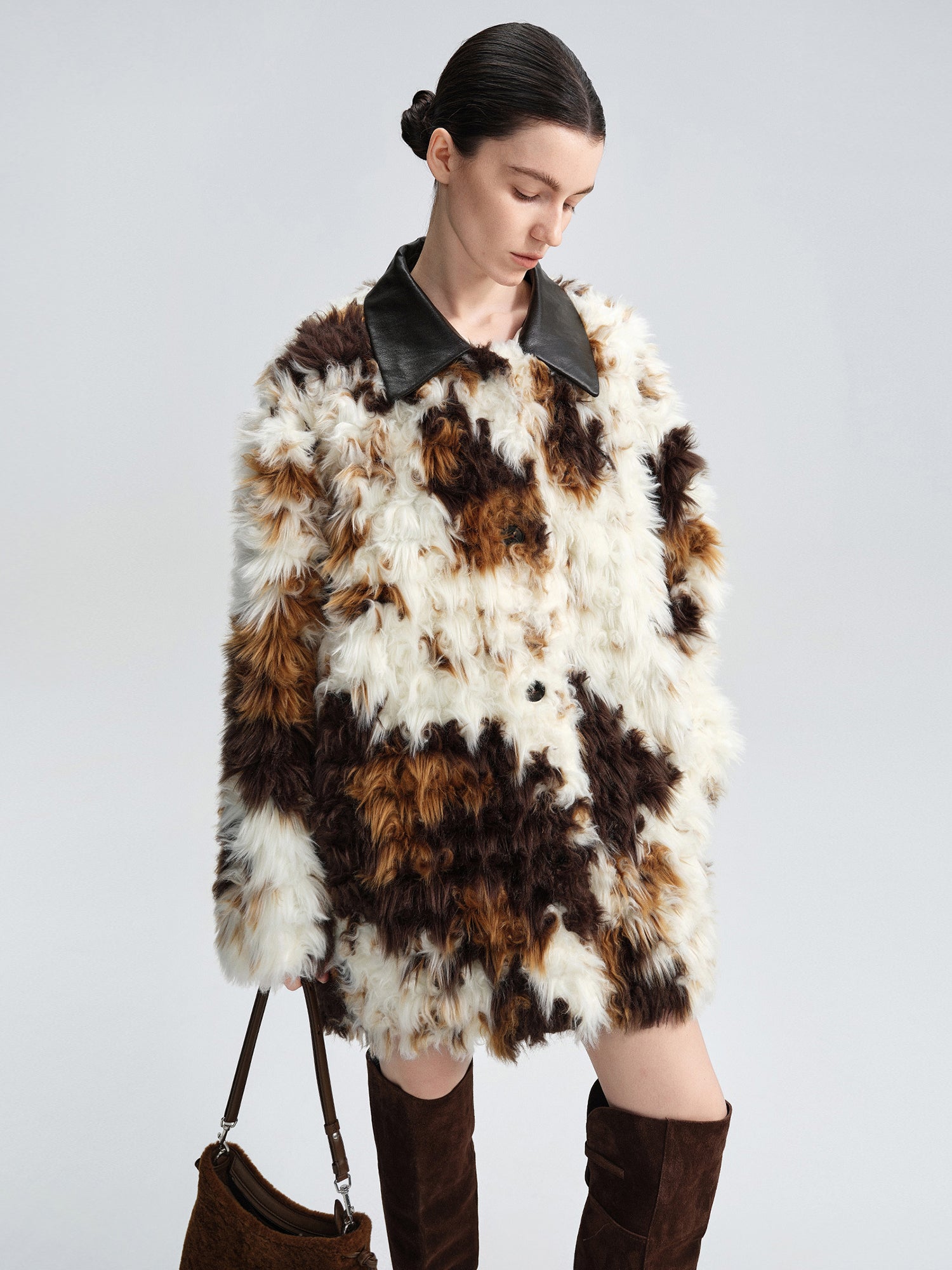 Cow-Pattern Faux Fur Coat for Women – Winter Colorblock Eco-Friendly Fur Jacket with Contrast Collar