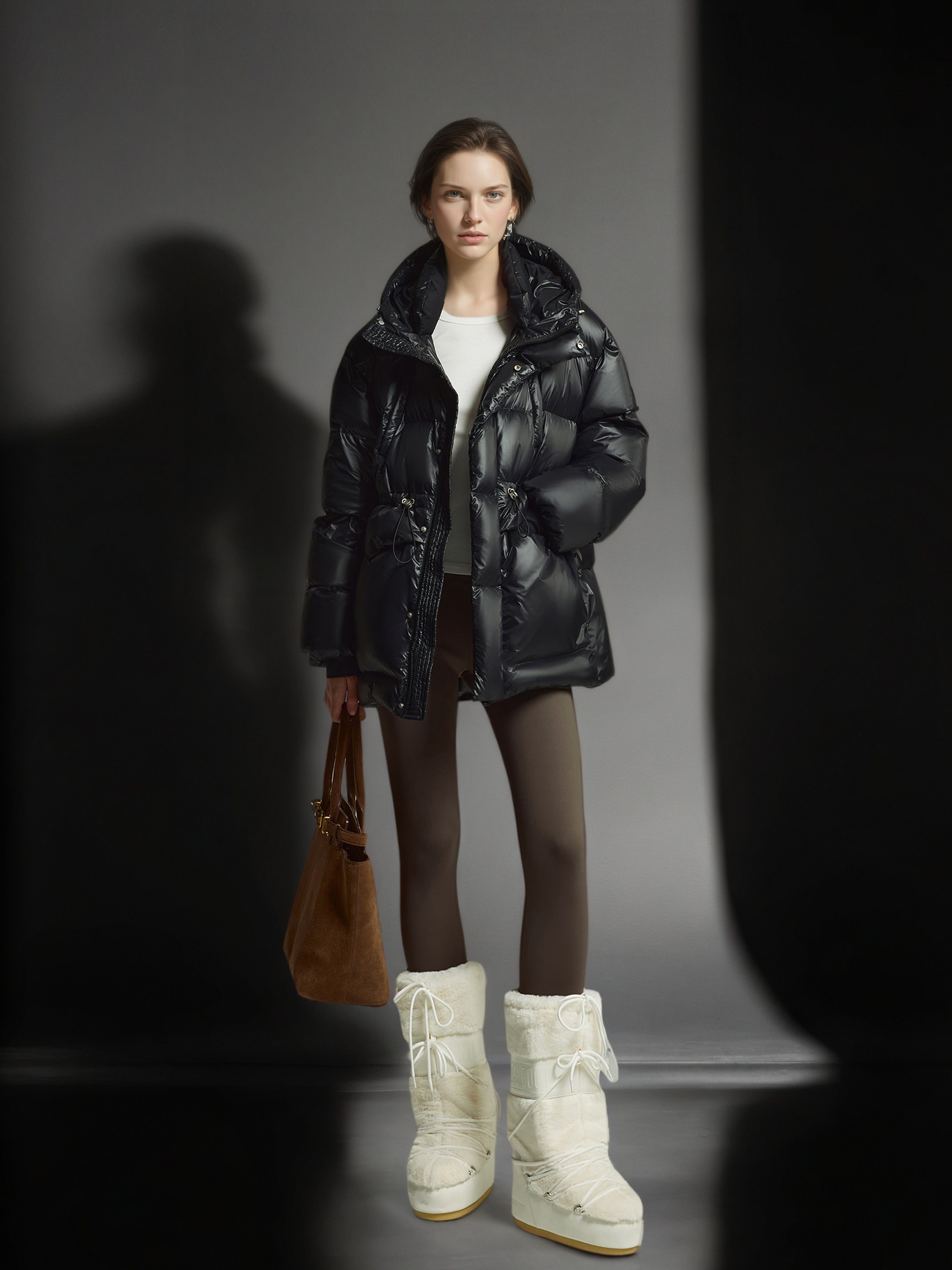 White Duck Down Hooded Puffer Coat – Drawstring Waist, Warm Thickened Loose Fit Winter Jacket for Women