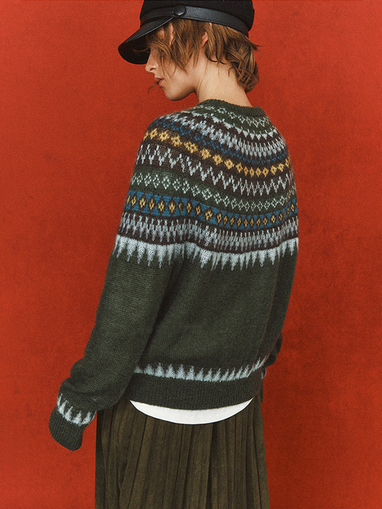 Fair Isle Geometric Knit Sweater for Women – Wool Mohair Blend Raglan Crewneck Pullover