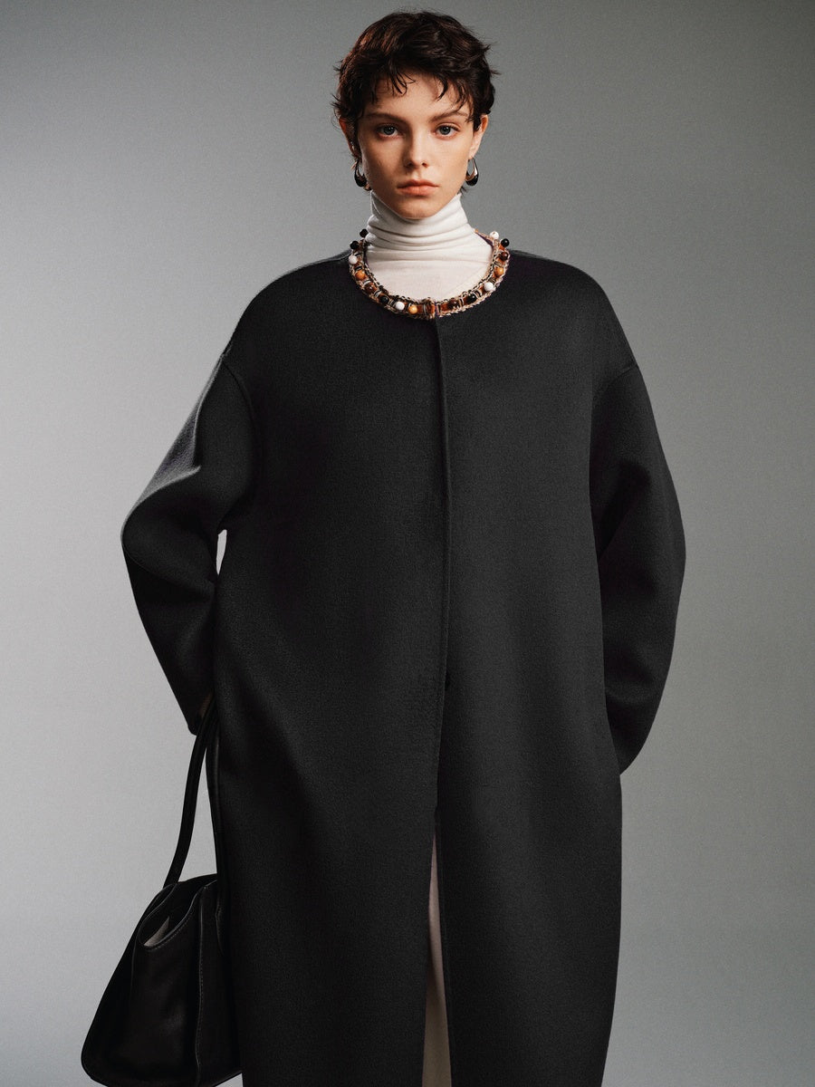 20% Cashmere Original Design Double-Faced Wool Coat for Women – Beaded Embellished Mid-Length Overcoat