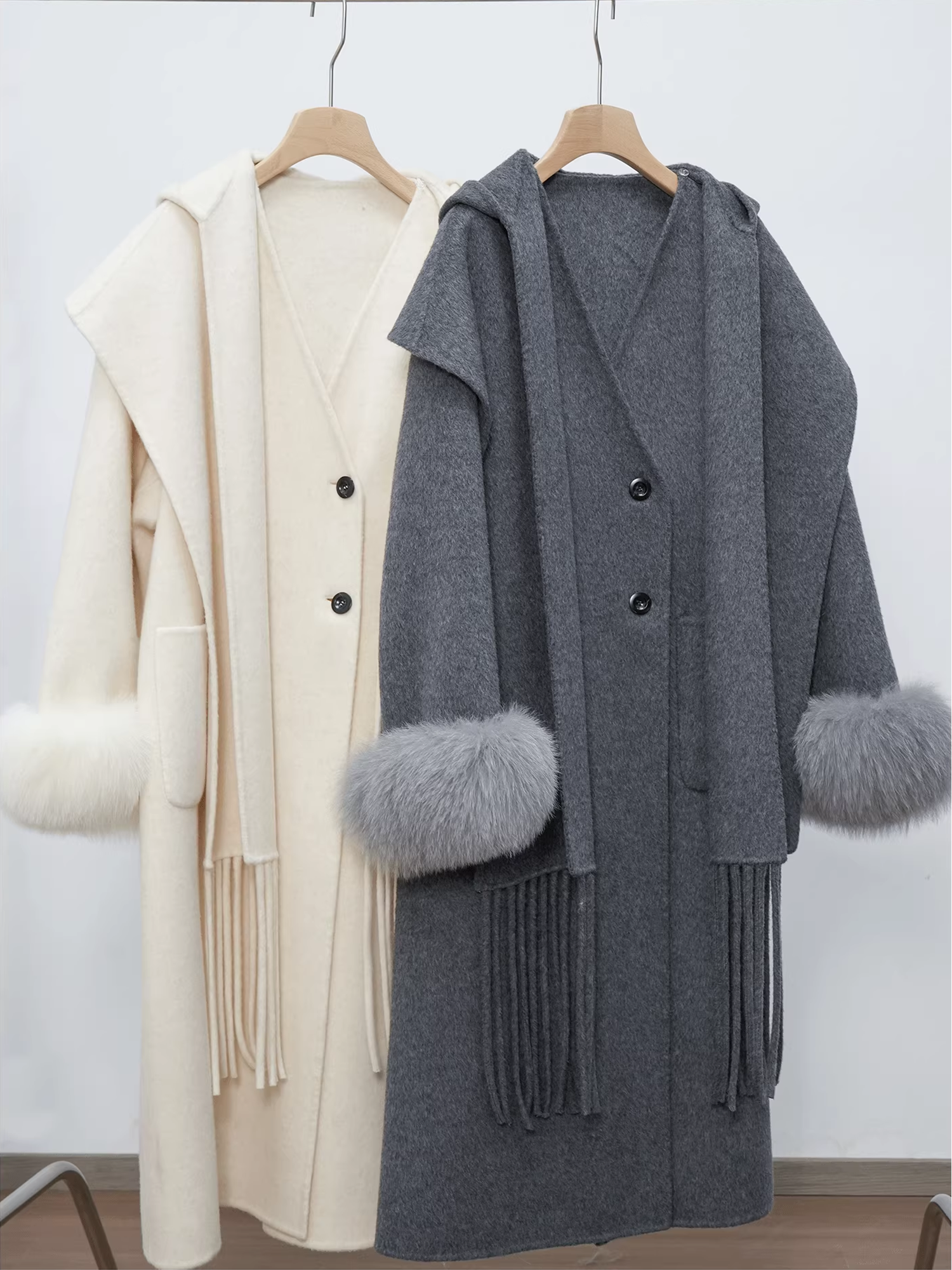 Women’s Long Double-Faced Wool Coat with Fox Fur Cuffs and Fringe Scarf | Fall Winter Overcoat