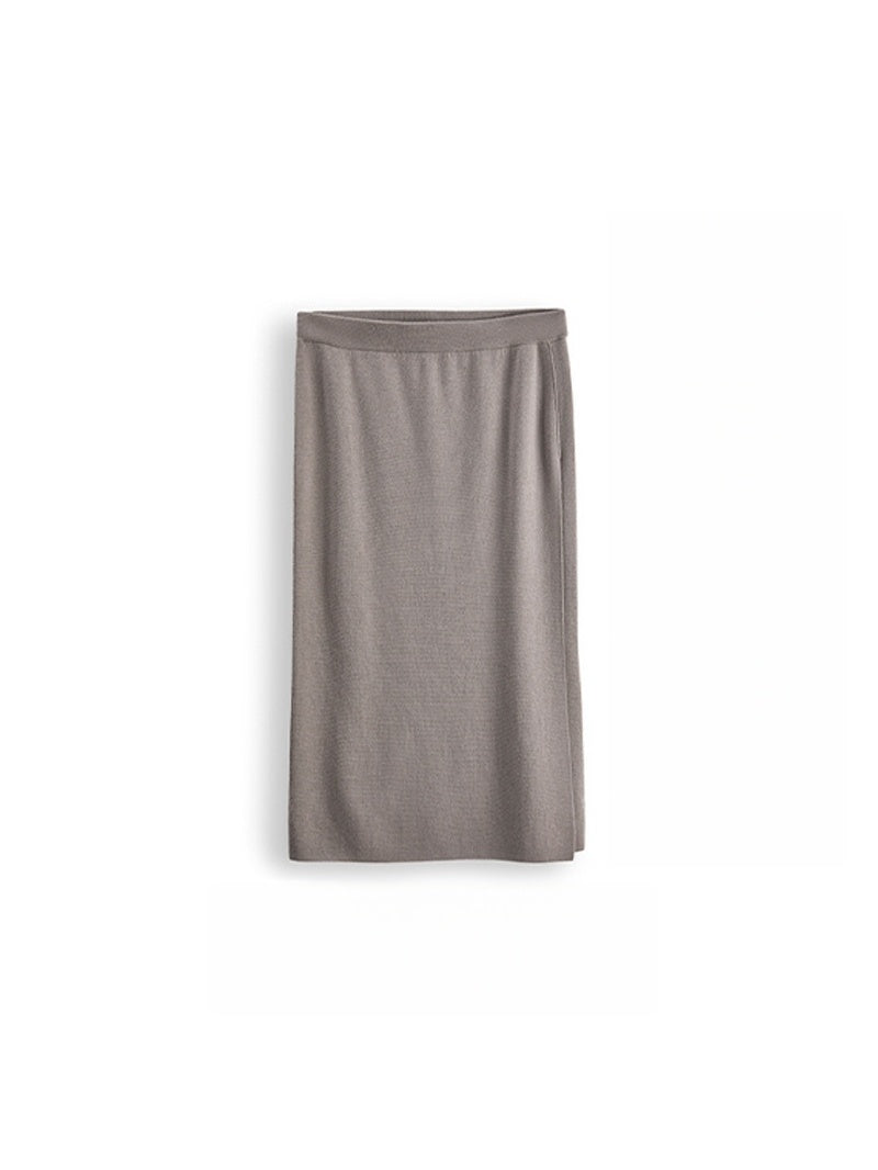 German Wool Yarn Ribbed Knit Pencil Skirt – Elegant Split Hem Wool Midi Skirt for Work
