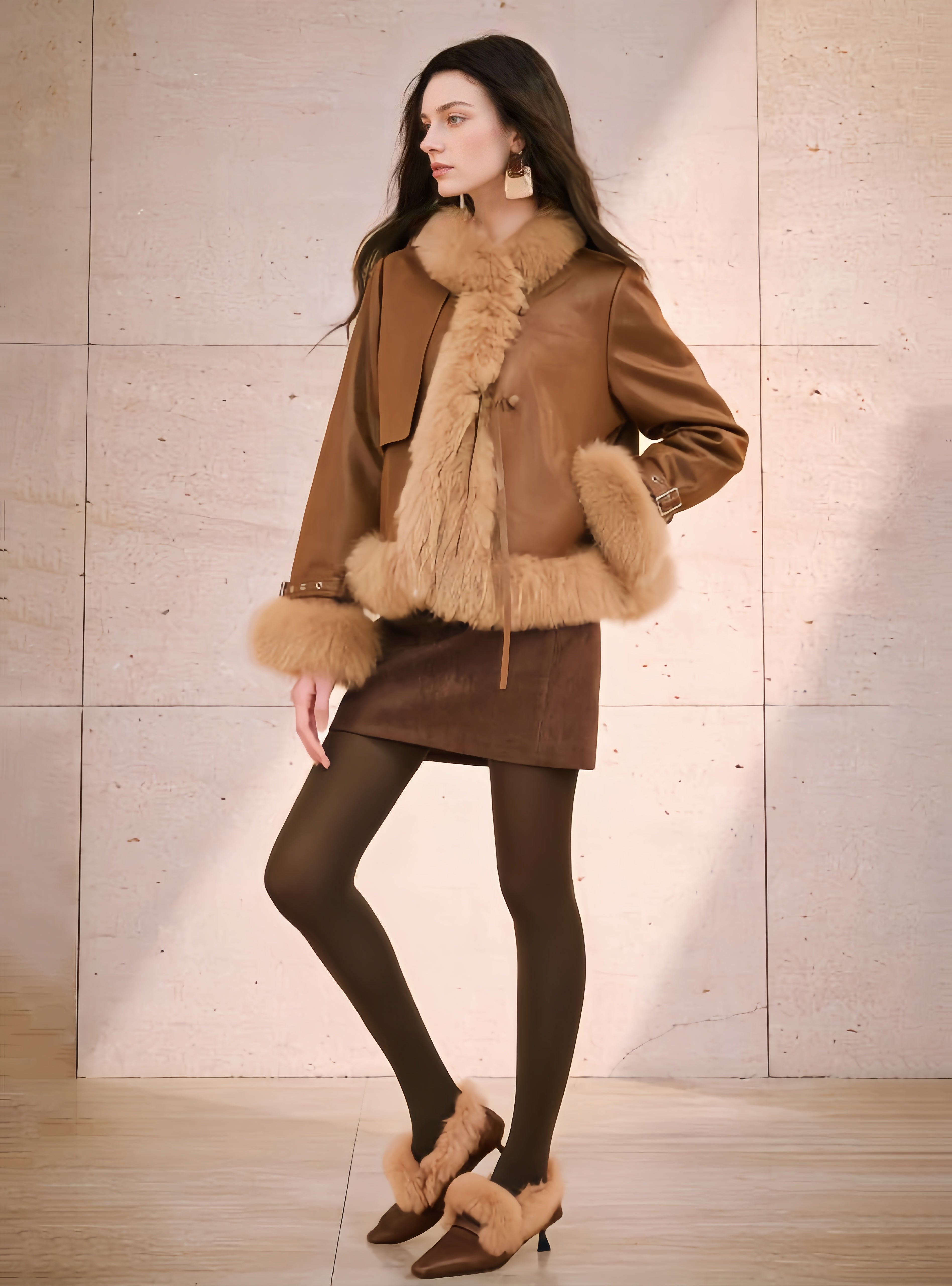 Lightweight Stretch Suede Jacket for Women – 90% White Goose Down with Natural Fox Fur Trim