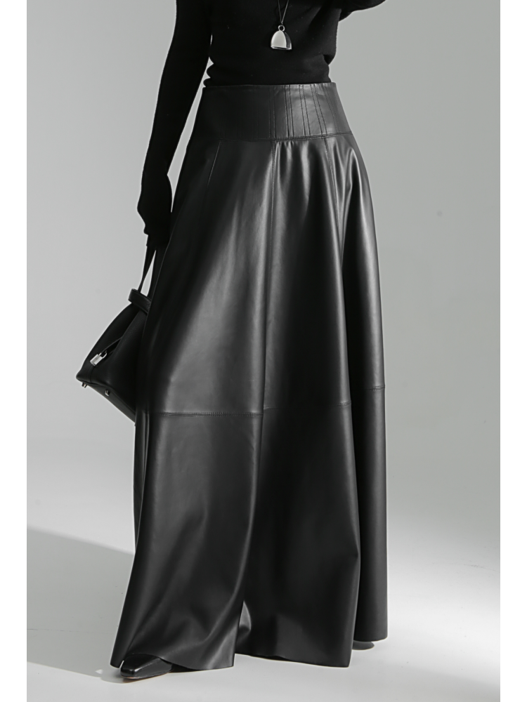 Luxury Black Genuine Sheepskin Midi Skirt – High Waist A-Line Leather Flared Skirt for Women