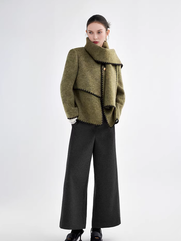 Women's Designer Green Wool Coat with Reversible Scarf – Double-Faced Wool Winter Overcoat