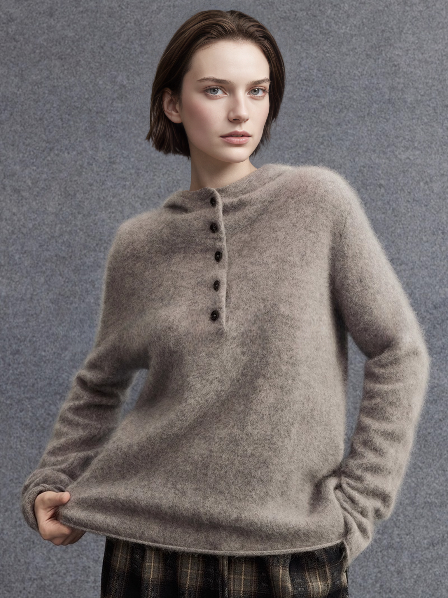 Cashmere Wool Brushed Hoodie Sweater | Henley-Neck Relaxed Fit Soft Cloud-Knit Pullover