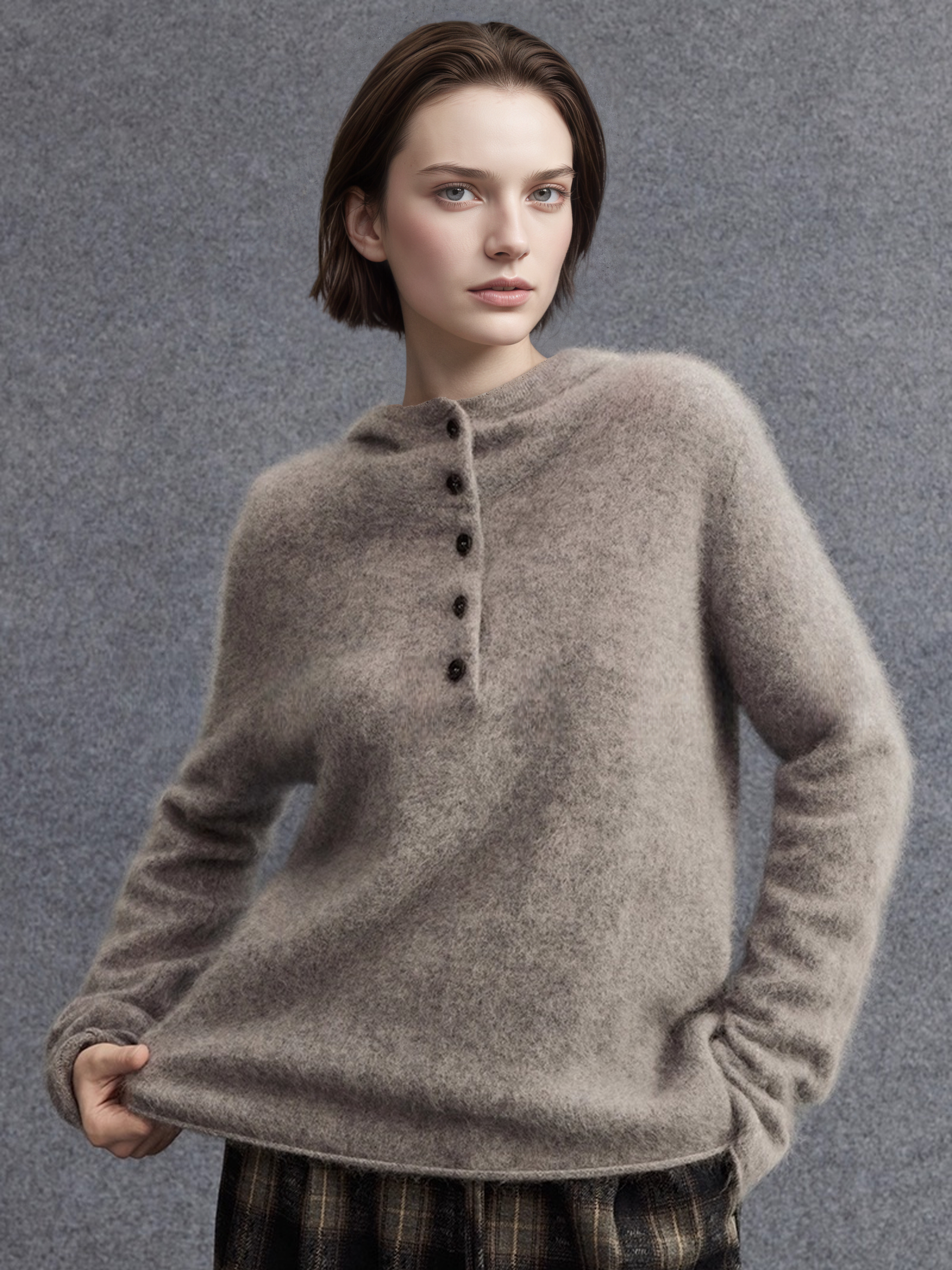 Cashmere Wool Brushed Hoodie Sweater | Henley-Neck Relaxed Fit Soft Cloud-Knit Pullover