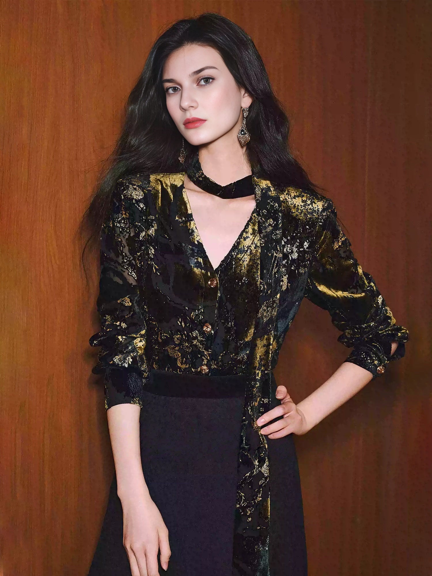 Party Gilded Velvet Burnout Blouse – High-Density Foil Velvet, Deep V-Neck Tie Detail, Relaxed Fit Shirt