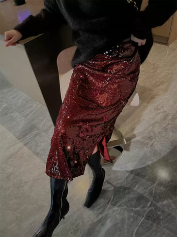 Christmas Party High-Waisted Sequin Pencil Skirt – Slim-Fit Midi Skirt with Side Slit