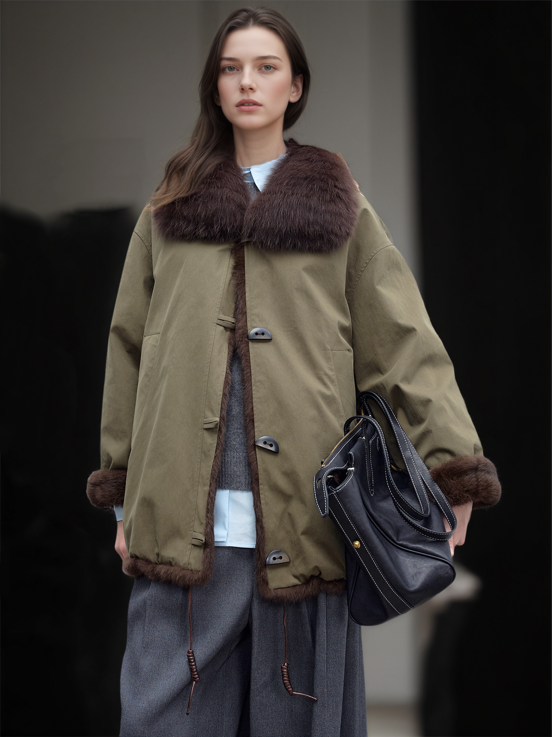 Women’s Mid-Length Parka Coat with  Fox Fur Hood and Faux Rabbit Fur Lining | Winter Jacket