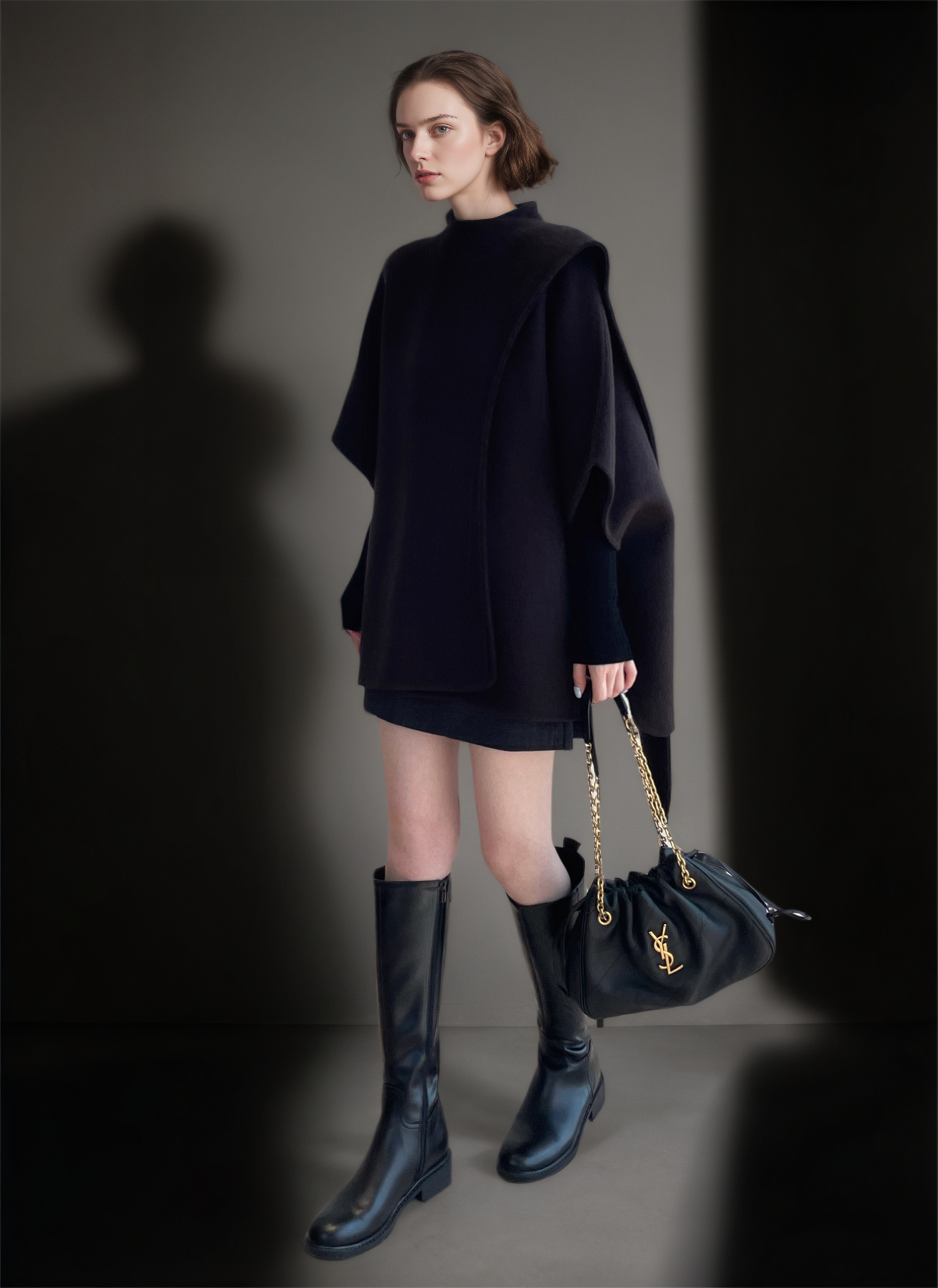 Tencel Wool Double-Faced Shawl Cape Coat for Women | Asymmetric Art-Inspired Deconstructed Design