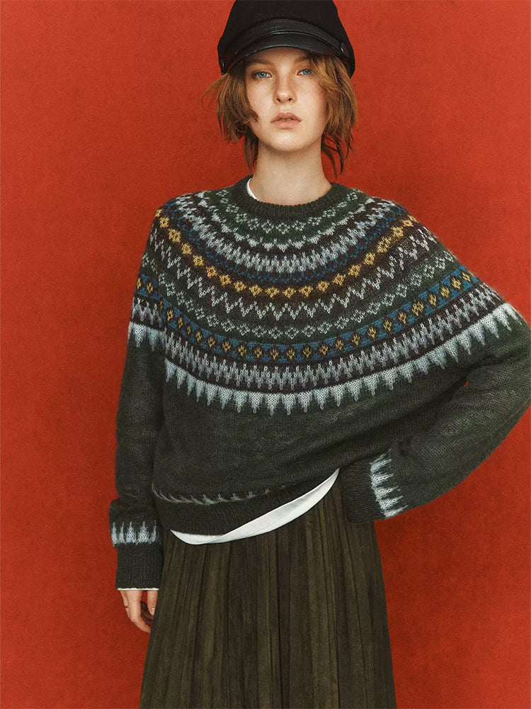 Fair Isle Geometric Knit Sweater for Women – Wool Mohair Blend Raglan Crewneck Pullover