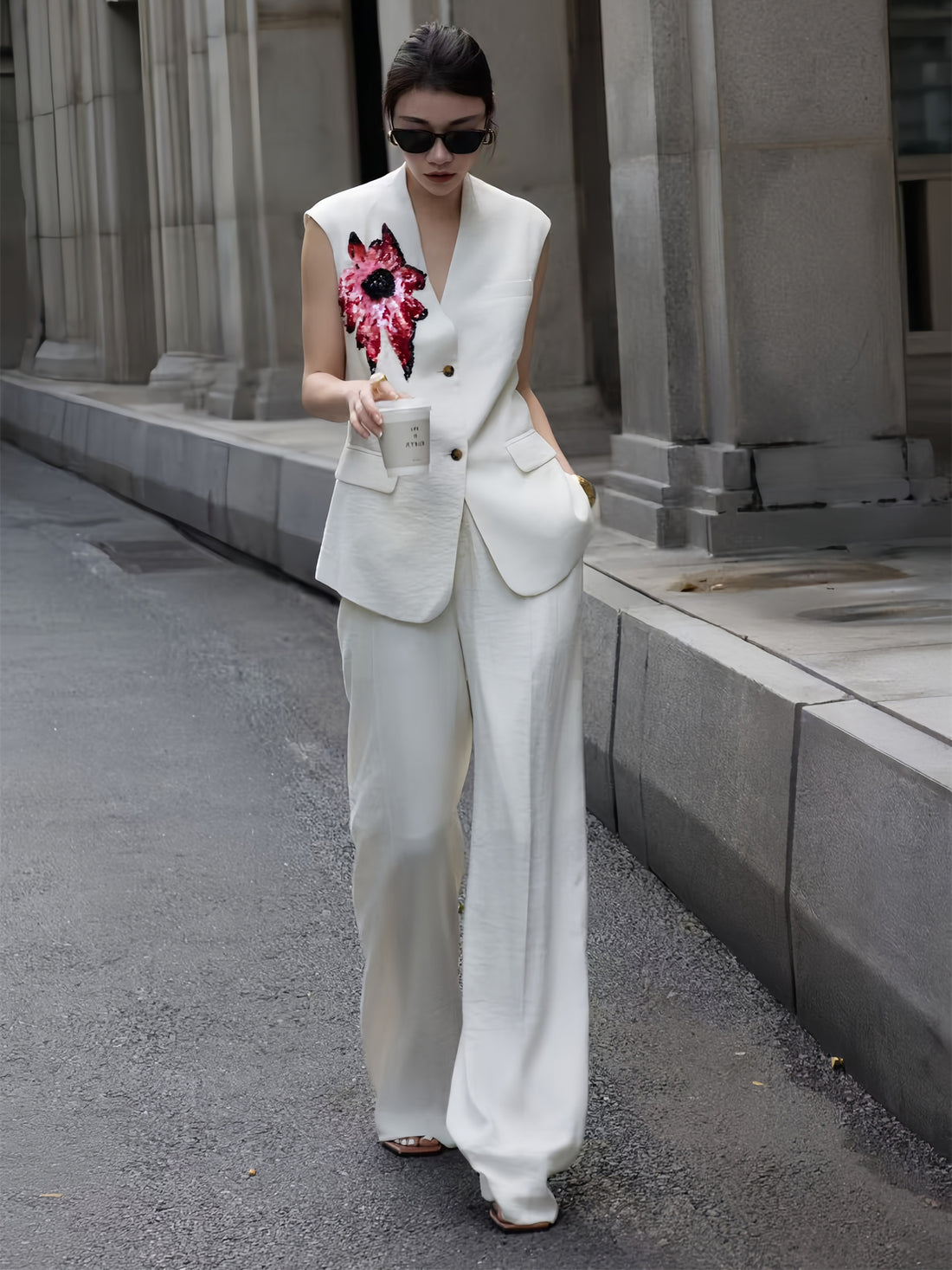 Women’s Embroidered Two-Piece Set – Sleeveless Top & Wide-Leg Pants, Elegant Old Money Style