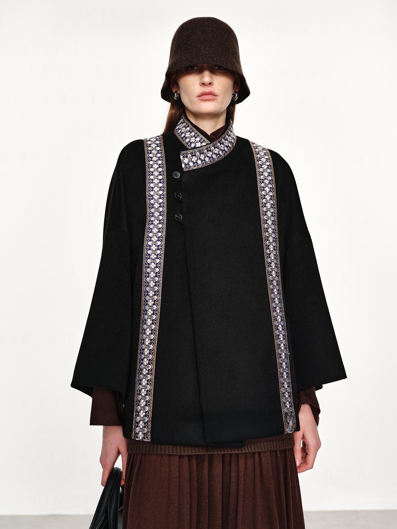 20% Cashmere Embroidered Double-Faced Wool Coat for Women – Short Wool Blend Overcoat