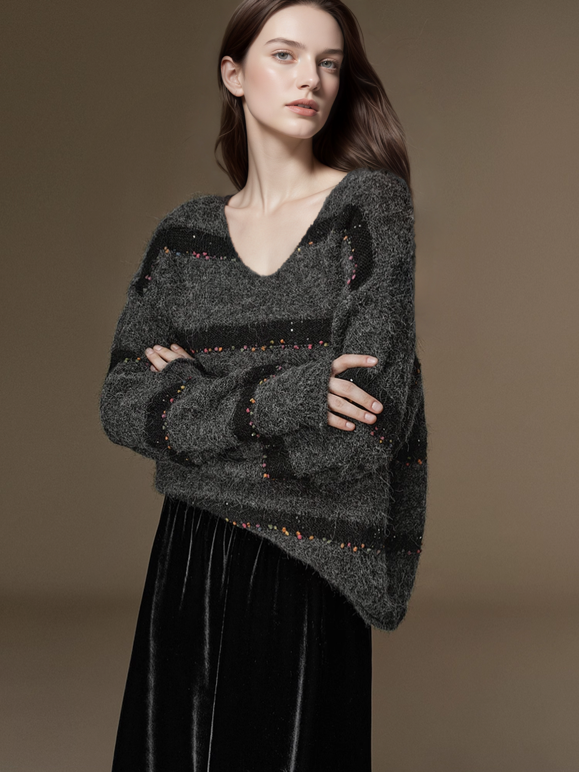 Soft Wool V-Neck Striped Sweater with Colorful Pom Details and Subtle Sequins | Relaxed Winter Knitwear