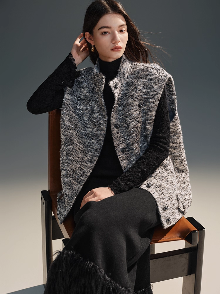 Double-Layer Thick Wool Cross-Stitch Tassel Sequin Embellished Knit Midi Skirt