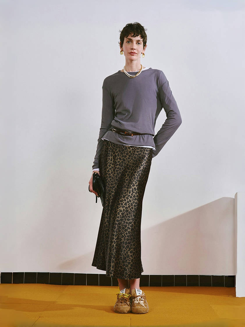 Vintage Leopard Print Skirt – 100% Mulberry Silk Crepe Satin in Bronze Tone
