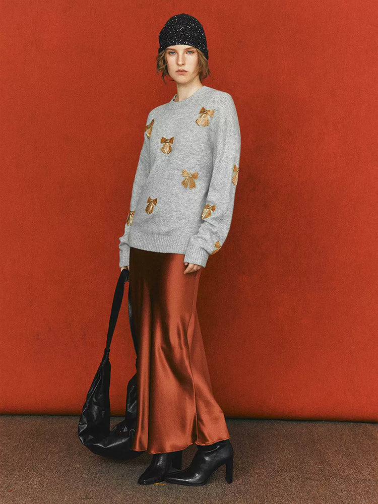 Christmas Collection Beaded Wool Sweater for Women – 100% Merino Wool Crewneck with Bow Detail