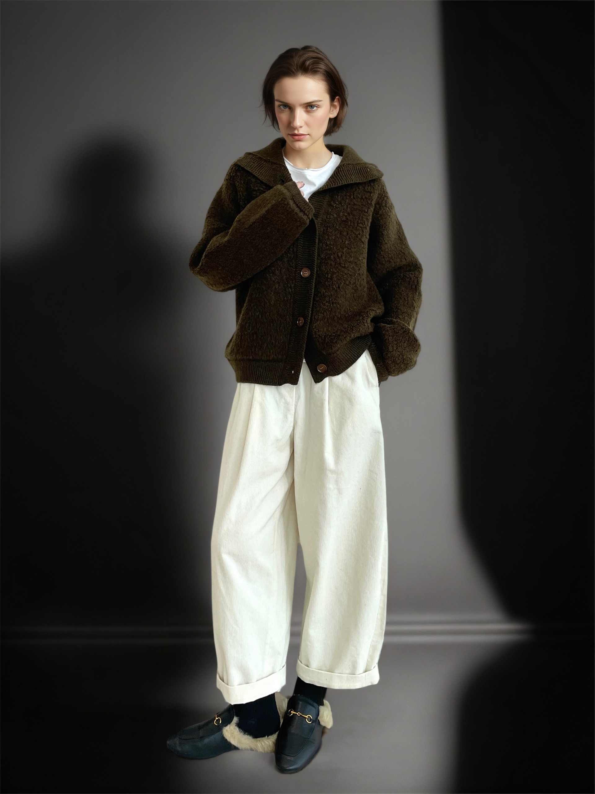 100% Wool Bouclé Knit Stand Collar Sweater Jacket for Women | Heavyweight Thick Textured Wool Cardigan