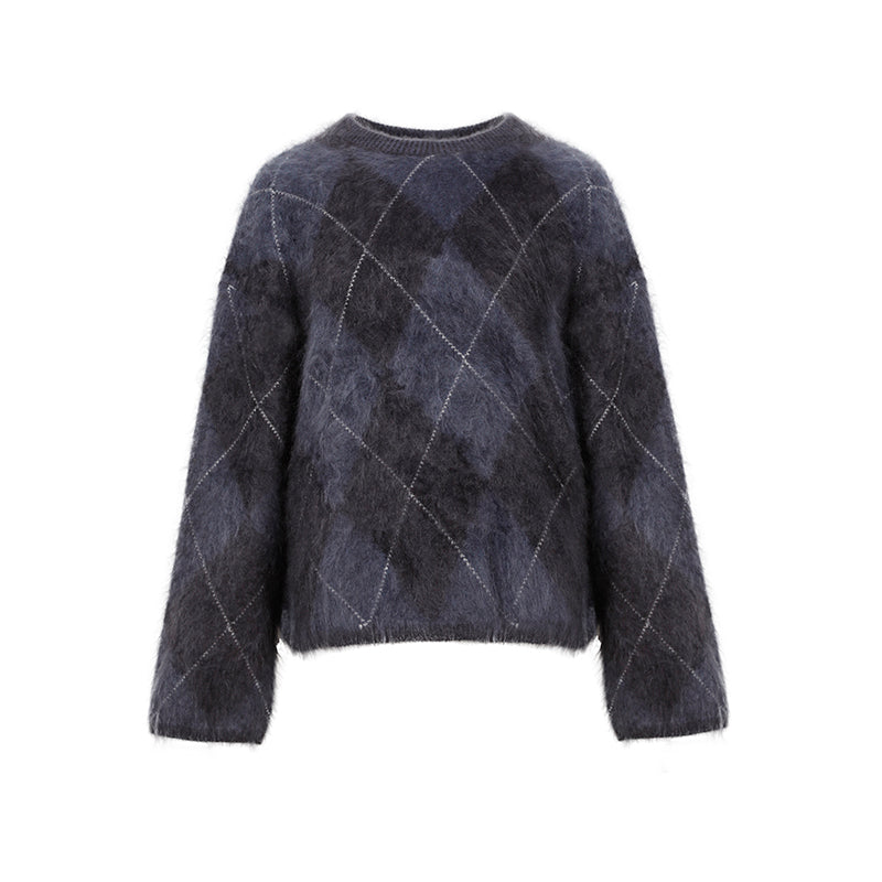 Heavyweight Brushed Knit Vintage Diamond-Pattern Sweater for Women