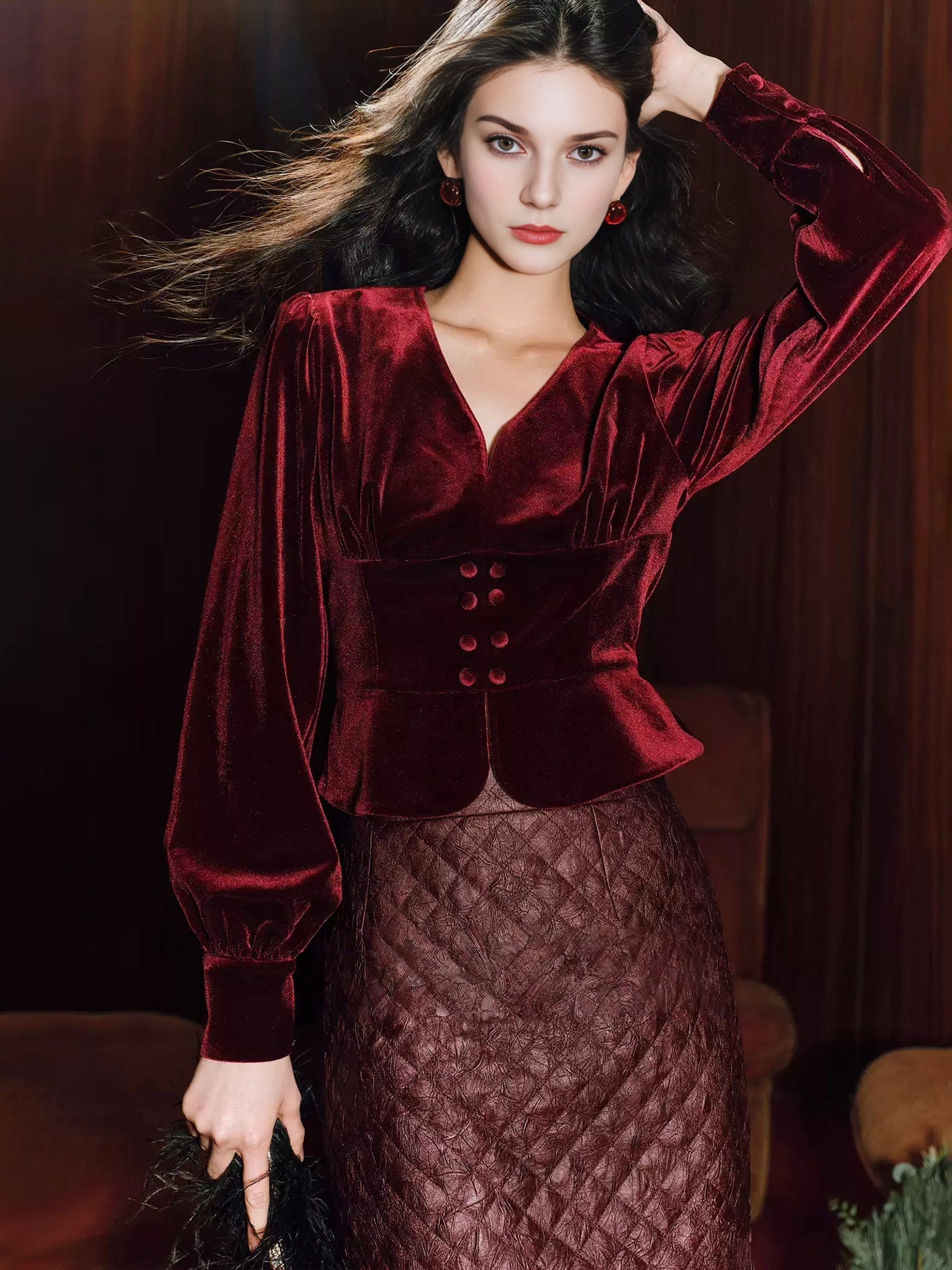 Shimmer Velvet Party Top for Women – Tailored Puff-Sleeve French V-Neck Ruched Short Blouse