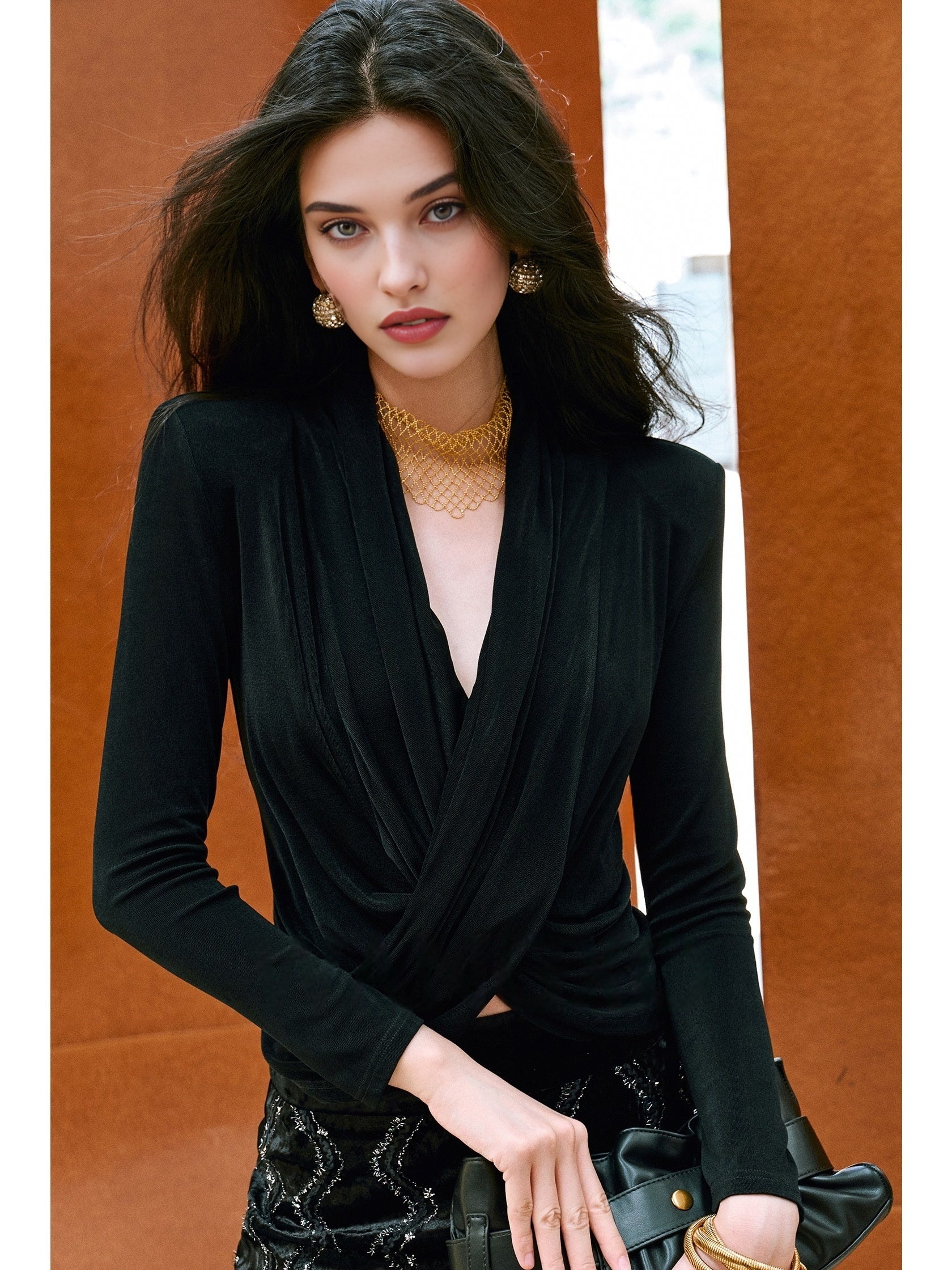 Glossy Heavyweight Acetate Knit | Cross Draped Neckline Natural Pleating Structured Shoulder Slim Fit Top
