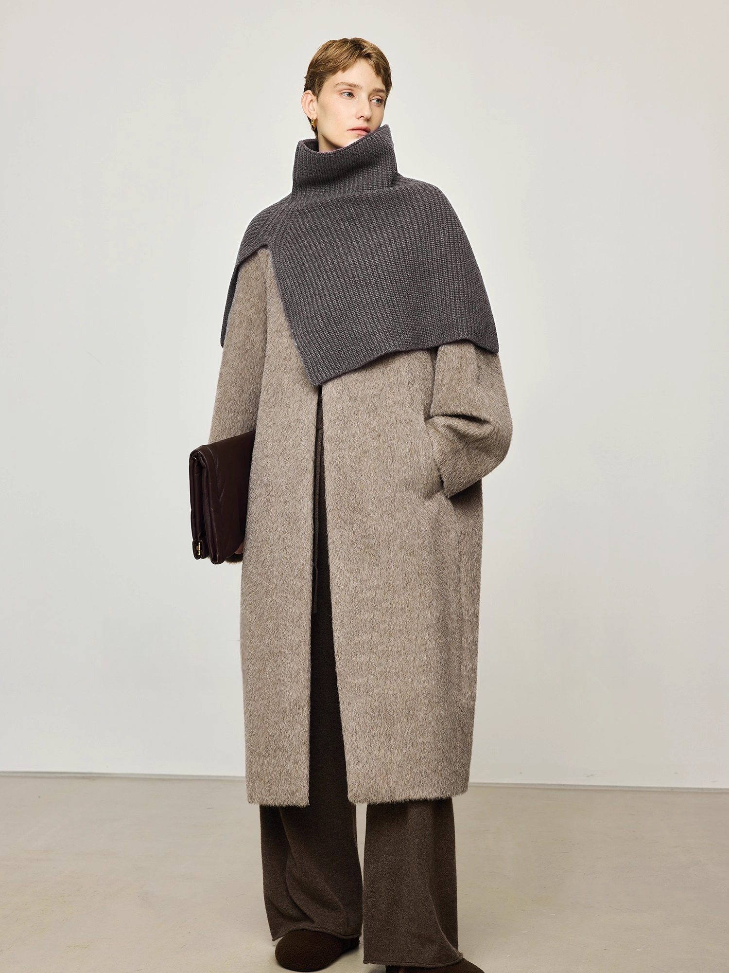 Italian Wool-Cashmere Turtleneck Split Knit Shawl Scarf | Multi-Style Wrap Accessory