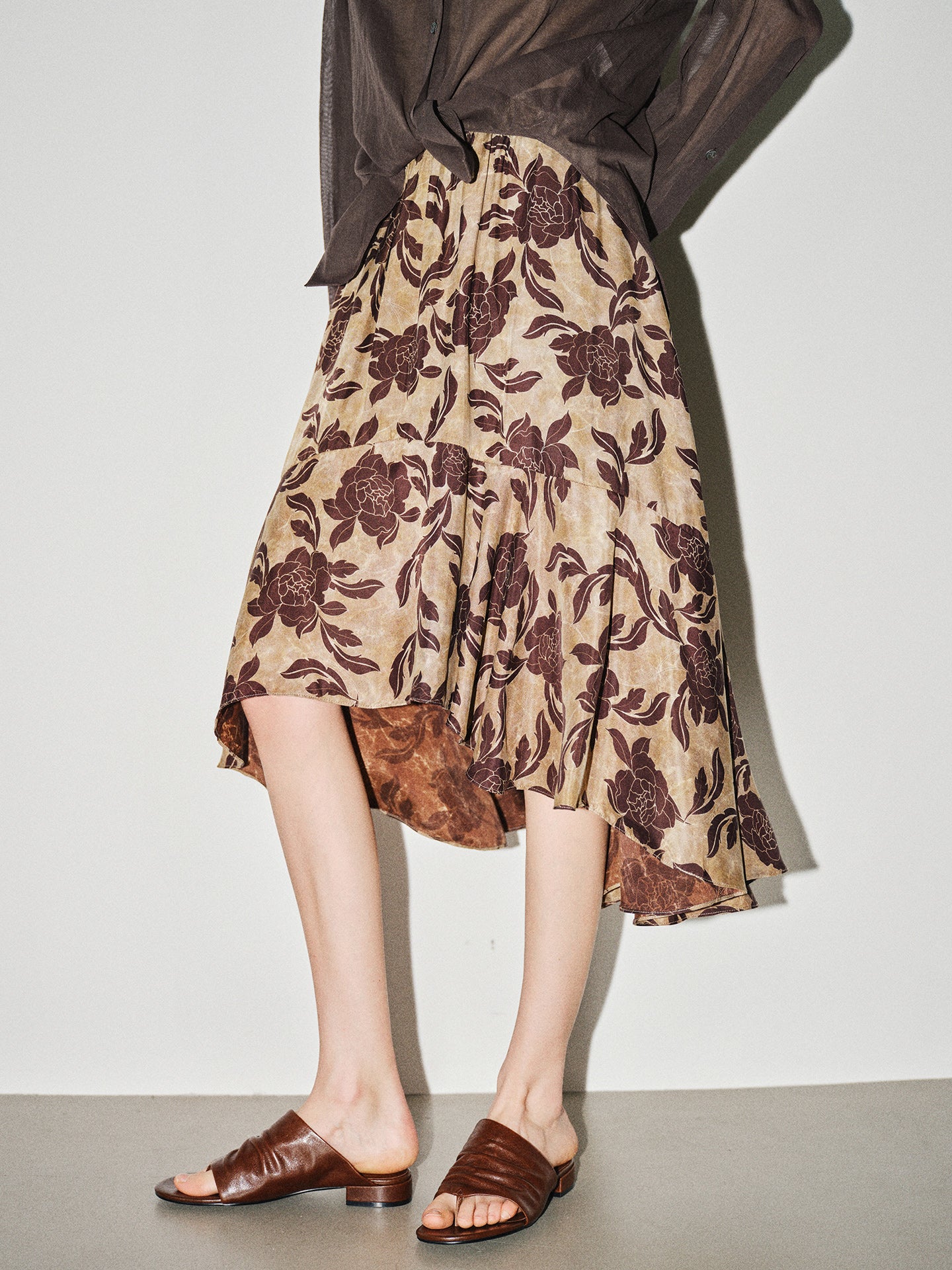 Vintage Film-Inspired 'Coffee Blossom' Cupro & Rayon Blend Matte Finish Asymmetrical Hem Midi Skirt