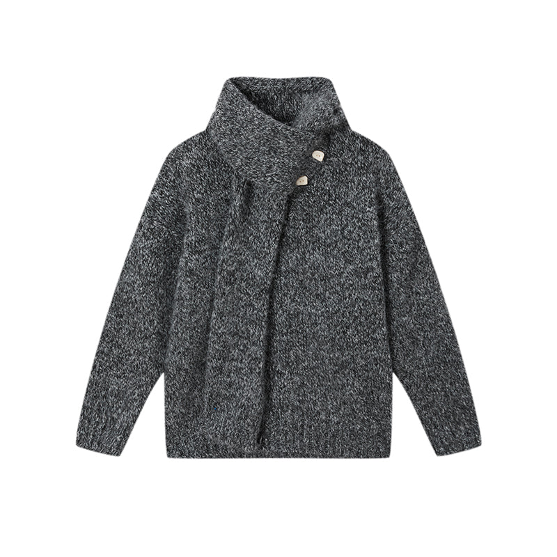 Textured Mélange Knit Sweater with Detachable Scarf | Relaxed H-Silhouette Drop-Shoulder V-Neck Pullover for Women