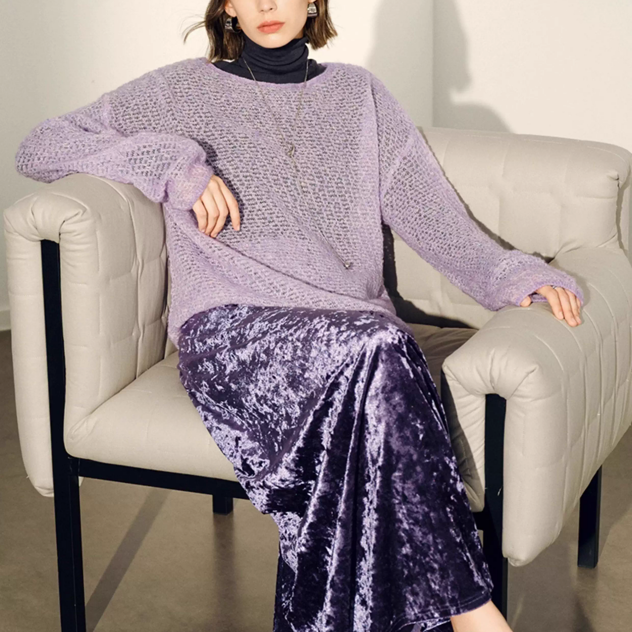 Elegant Purple Velvet Diamond-Touch High-Waist Midi Skirt for Women