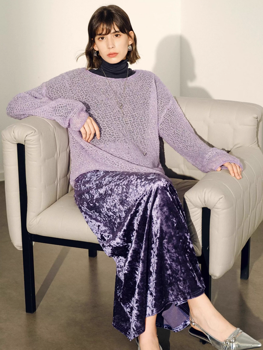 Purple velvet midi skirt outfit inspiration