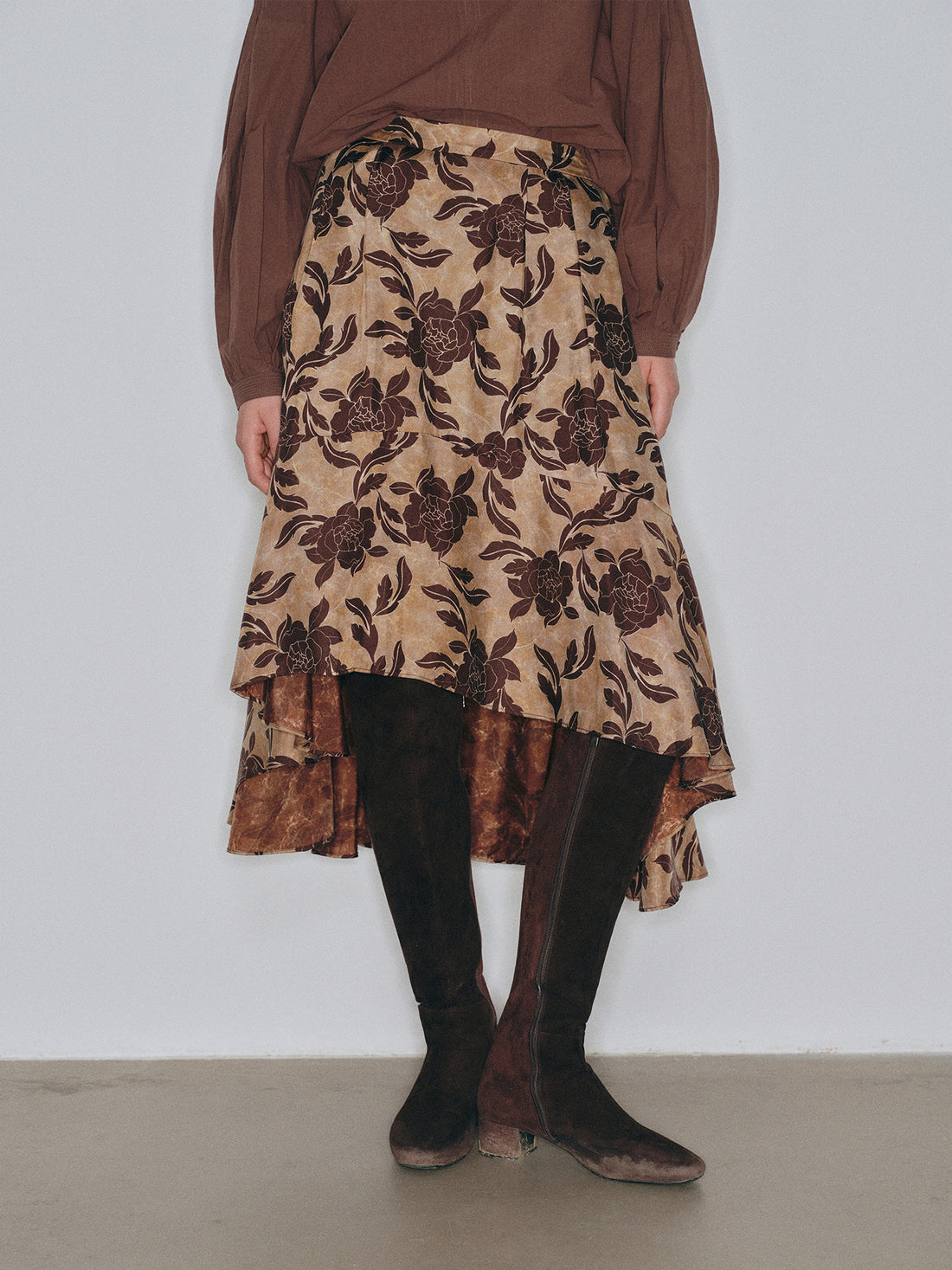 Vintage Film-Inspired 'Coffee Blossom' Cupro & Rayon Blend Matte Finish Asymmetrical Hem Midi Skirt