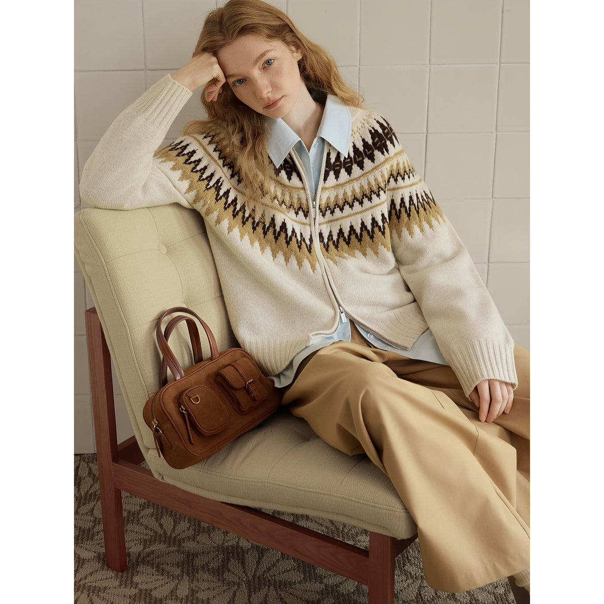 100% Wool Fair Isle Zip-Up Sweater for Women – Winter Knitted Cardigan