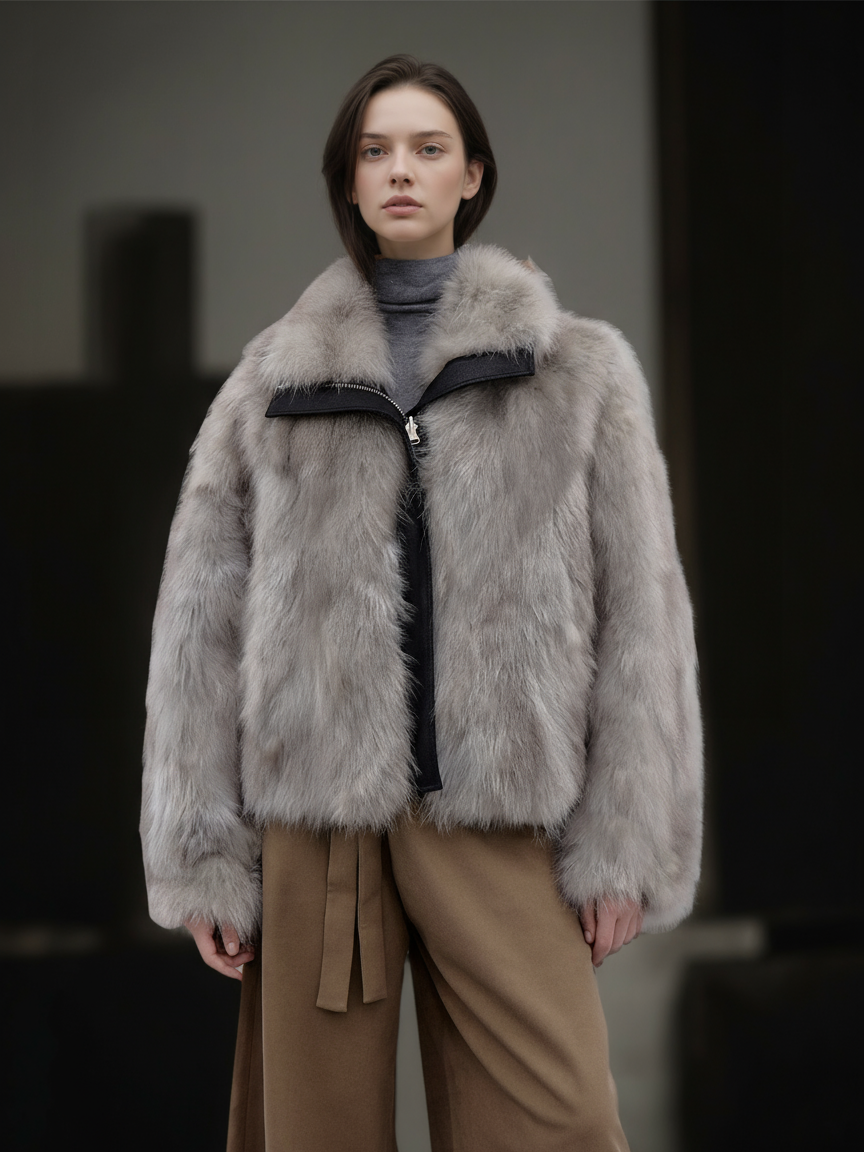 Women’s Reversible Suede Jacket with  Raccoon Fur Collar | Short Winter Biker Coat