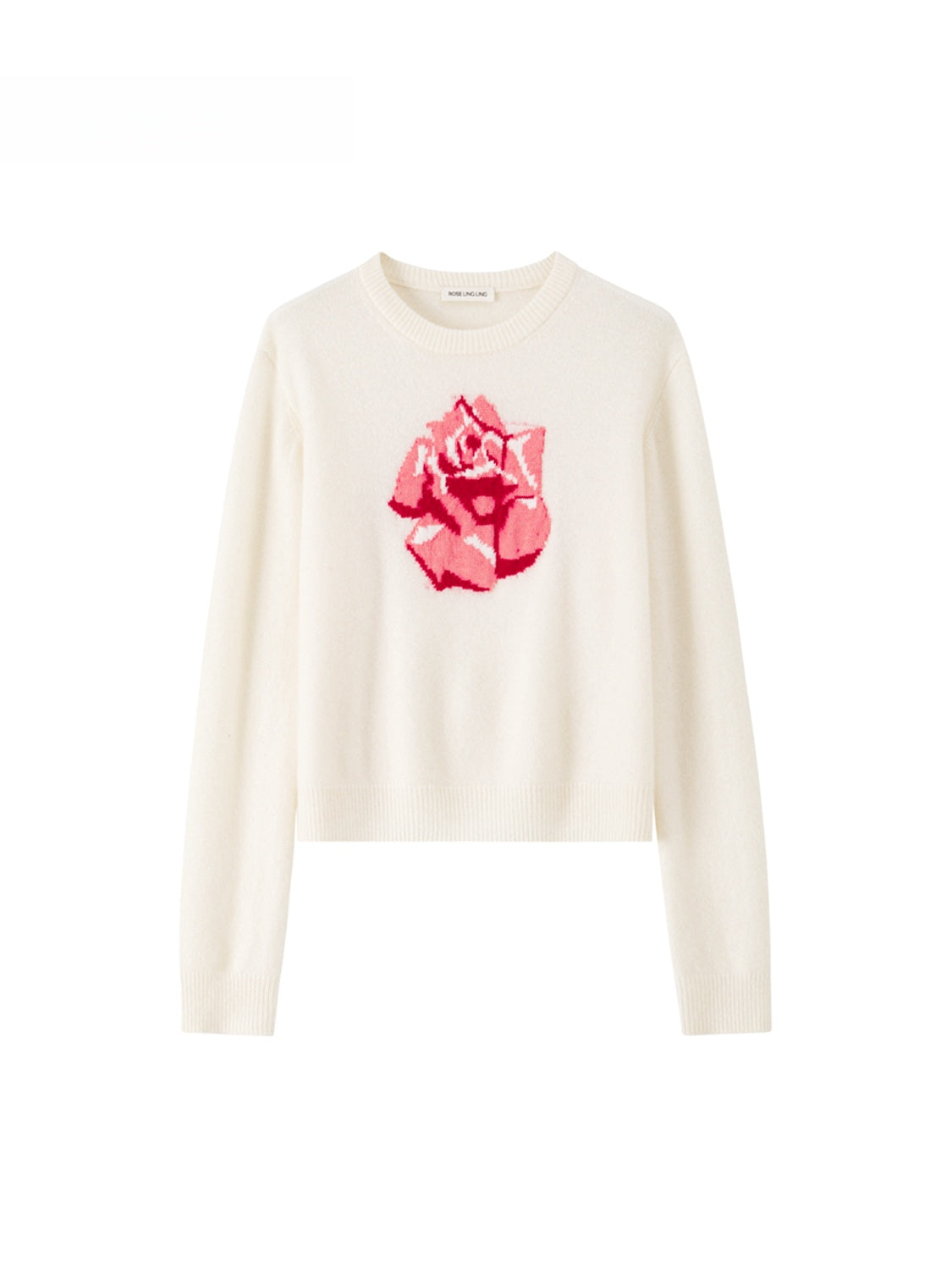 Soft Wool Rose Jacquard Sweater – Semi-Worsted Round Neck Pullover for Women