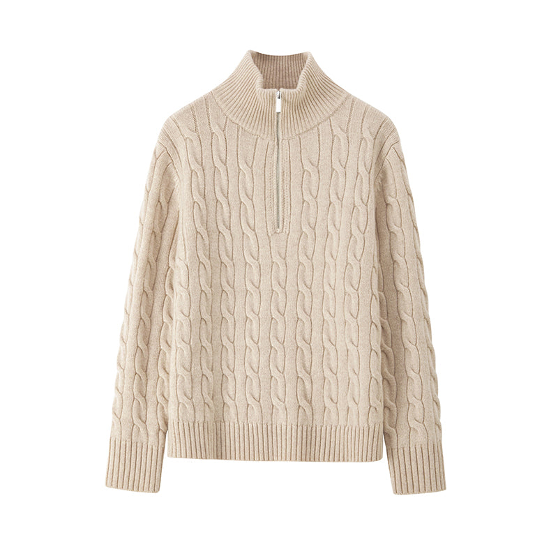 Relaxed Fit Zipper Cable Knit Wool Sweater for Women - Autumn/Winter Casual Sporty Loose Polo Shirt