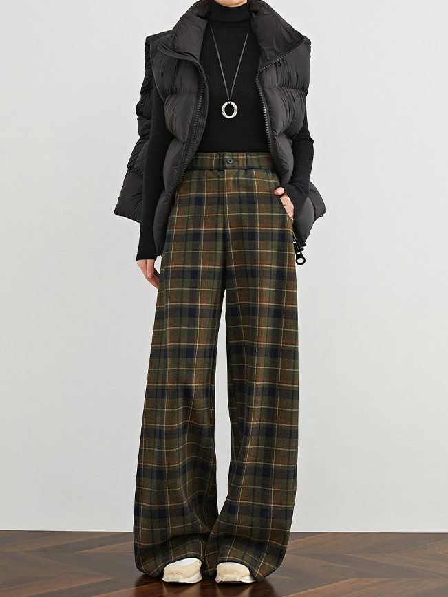 Women's Vintage Plaid Wide-Leg Pants – High-Waist Relaxed Fit Extended Casual Trousers with Elastic Waist