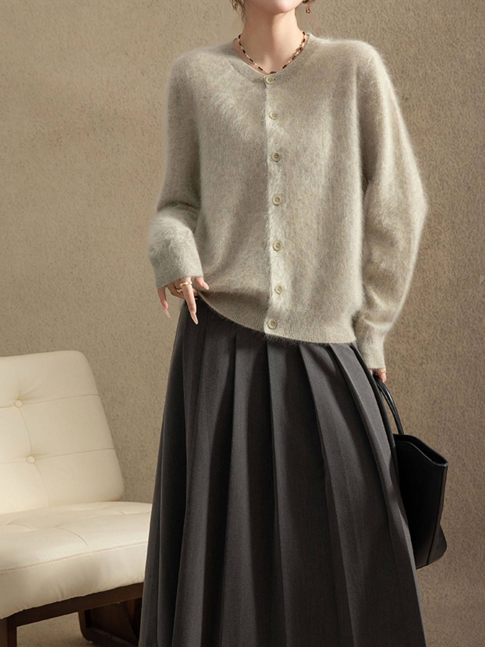 Premium 100% Washed White Cashmere Brushed Cardigan – Loose-Fit Knit Sweater for Women, Soft Multi-Color Cashmere Top