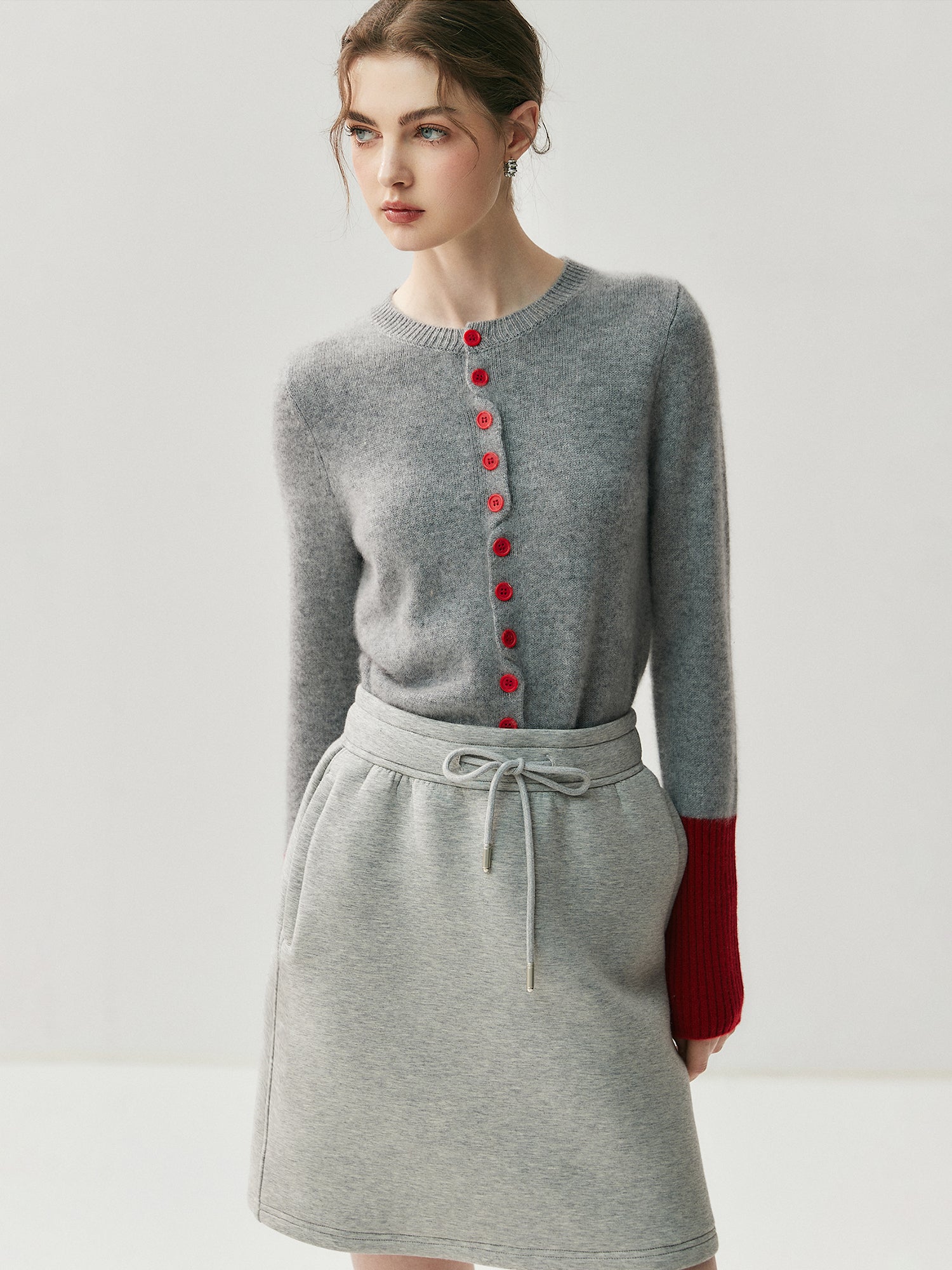 Baby Goat Cashmere Knit Cardigan for Women – Crew Neck Color-Block Wool Sweater Jacket