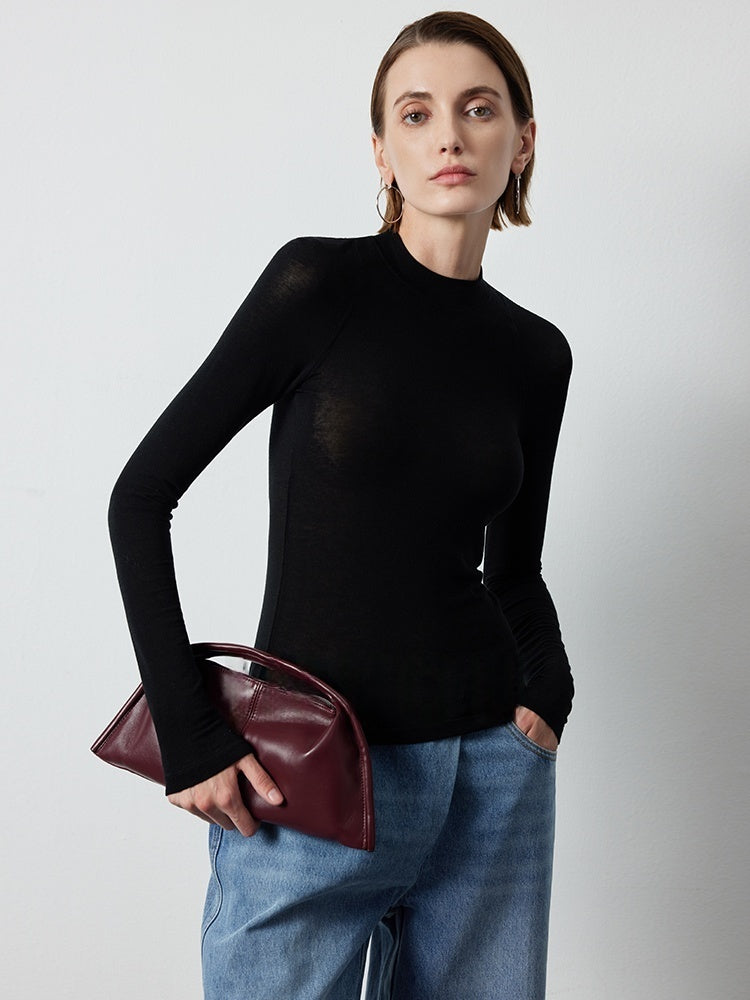 Slim-Fit Seamless Merino Wool Knit | Semi-High Neck Base Layer for Women | Autumn Winter Essential