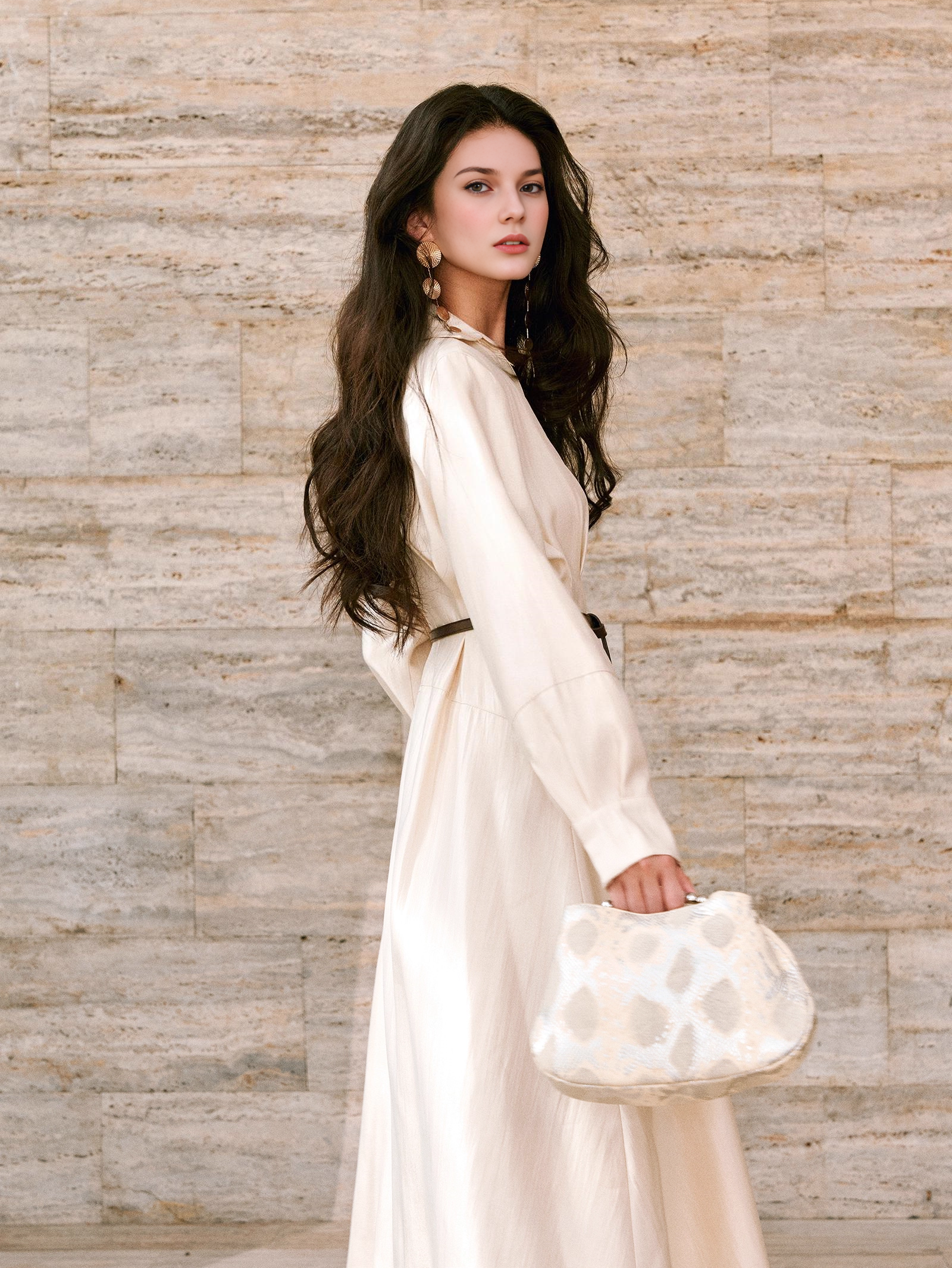 Silk Jacquard Satin Shirt Dress for Women – Belted Waist Flared A-Line Long Dress with Lustrous Finish