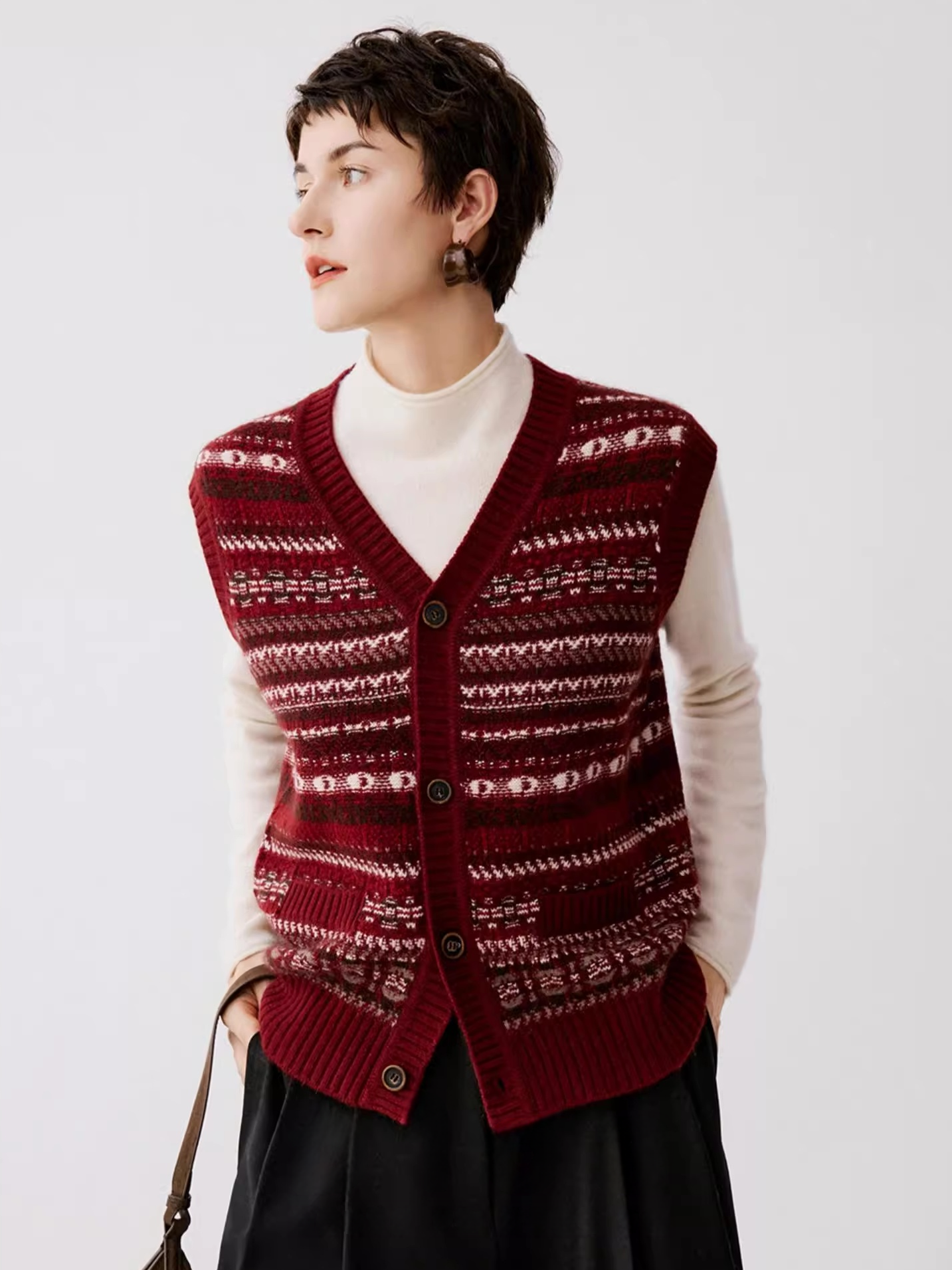 Fair Isle Layered Vest – Stylish V-Neck Jacquard Knit Cardigan for Women, Fall/Winter Sweater