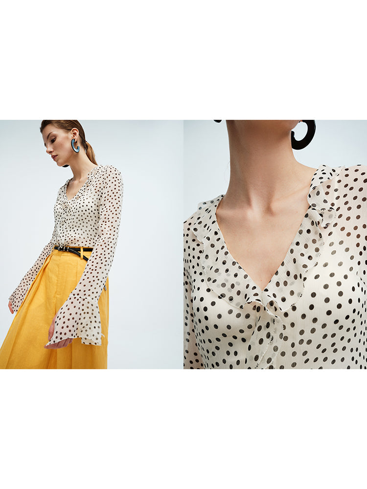Romantic Ruffle Collar Polka Dot Chiffon Blouse for Women | Lightweight Vacation & Office Wear