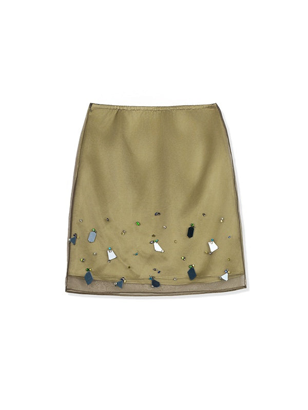 Handmade Beaded Japanese Acetate Double-Layer Skirt | High-End Patchwork Short Midi Skirt for Women