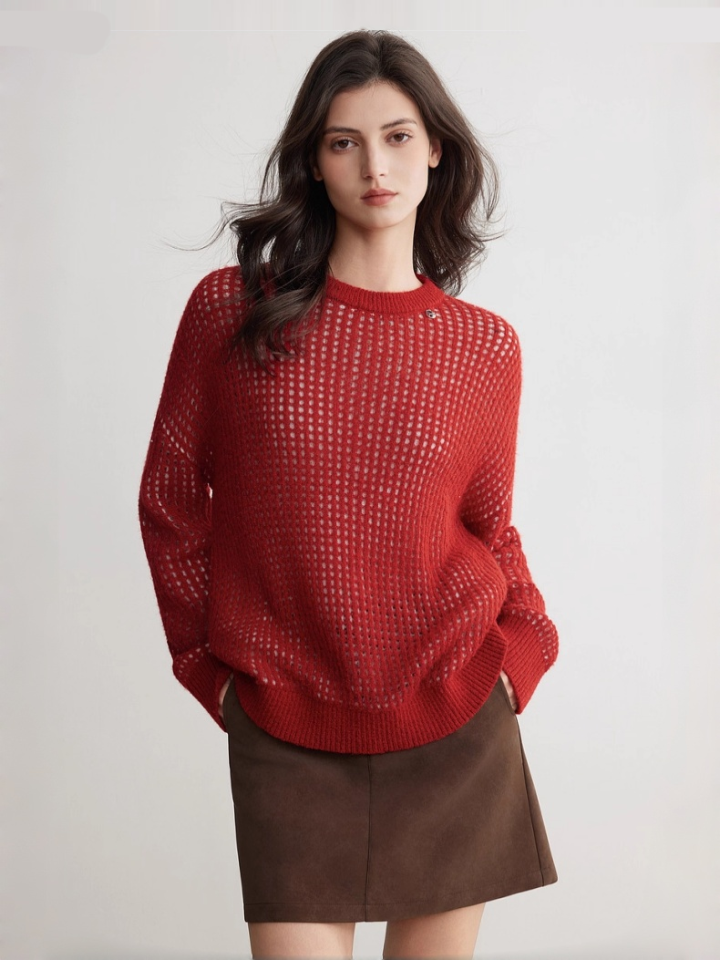 Red Christmas Merino Wool Hollow-Out Knit Sweater for Women – New Soft, Relaxed & Cozy Loose Pullover
