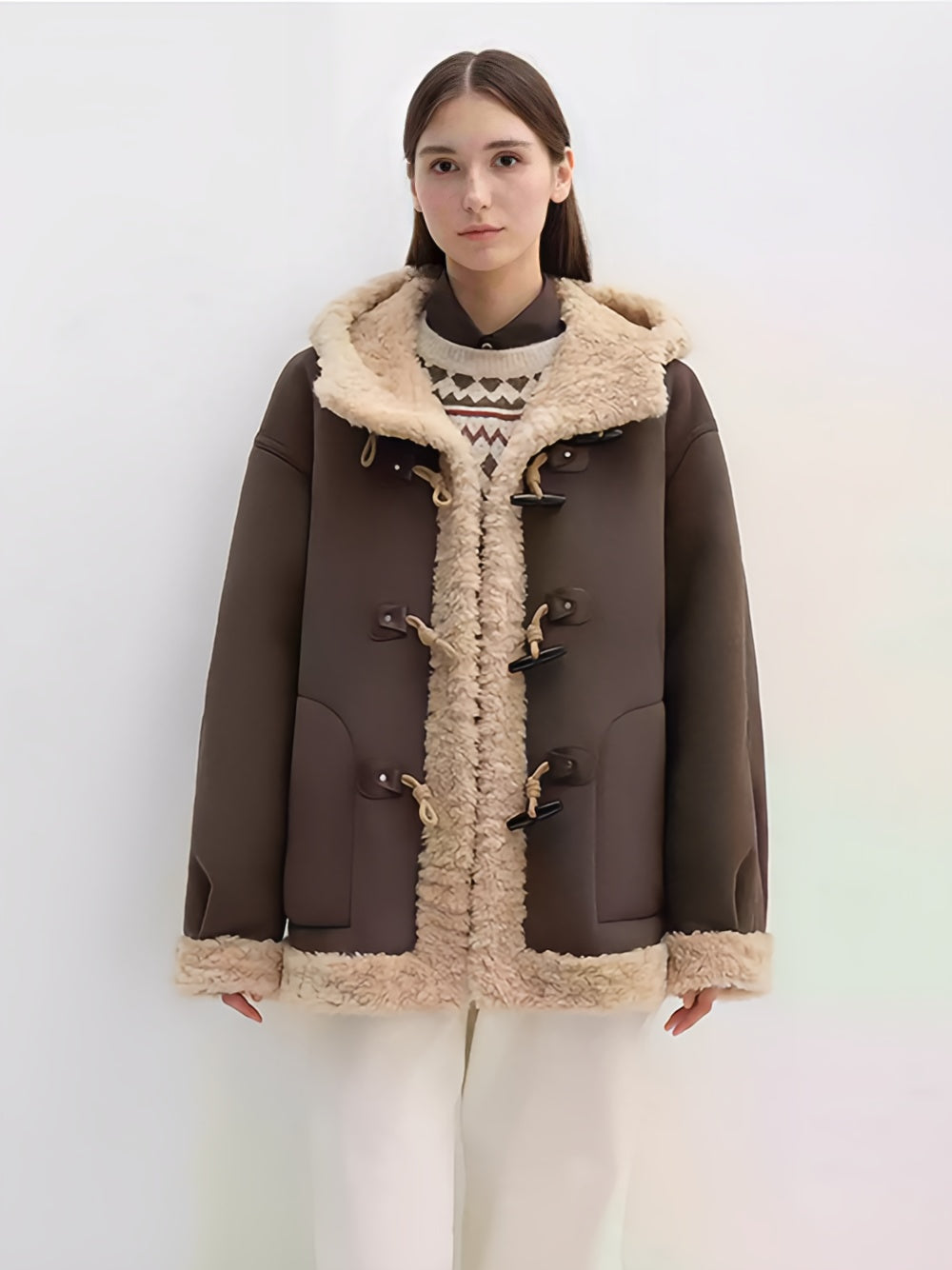 Color-Contrast Shearling Hooded Coat for Women — Mid-Length Faux Sheepskin Jacket with Raw-Edge Trim