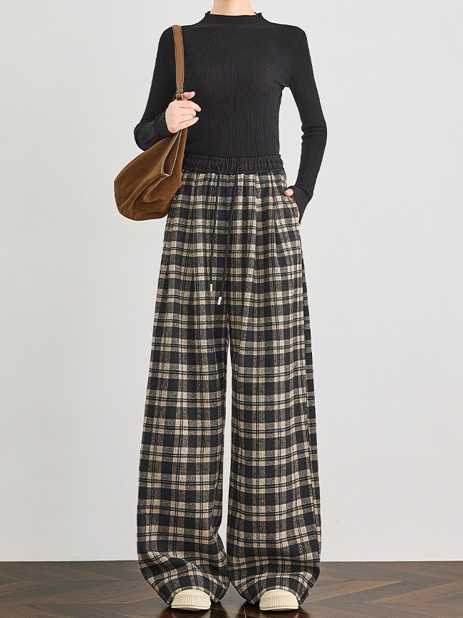 Women's Winter Mocha Plaid Patchwork Wool Wide-Leg Pants – Draped Casual Loose Straight Trousers