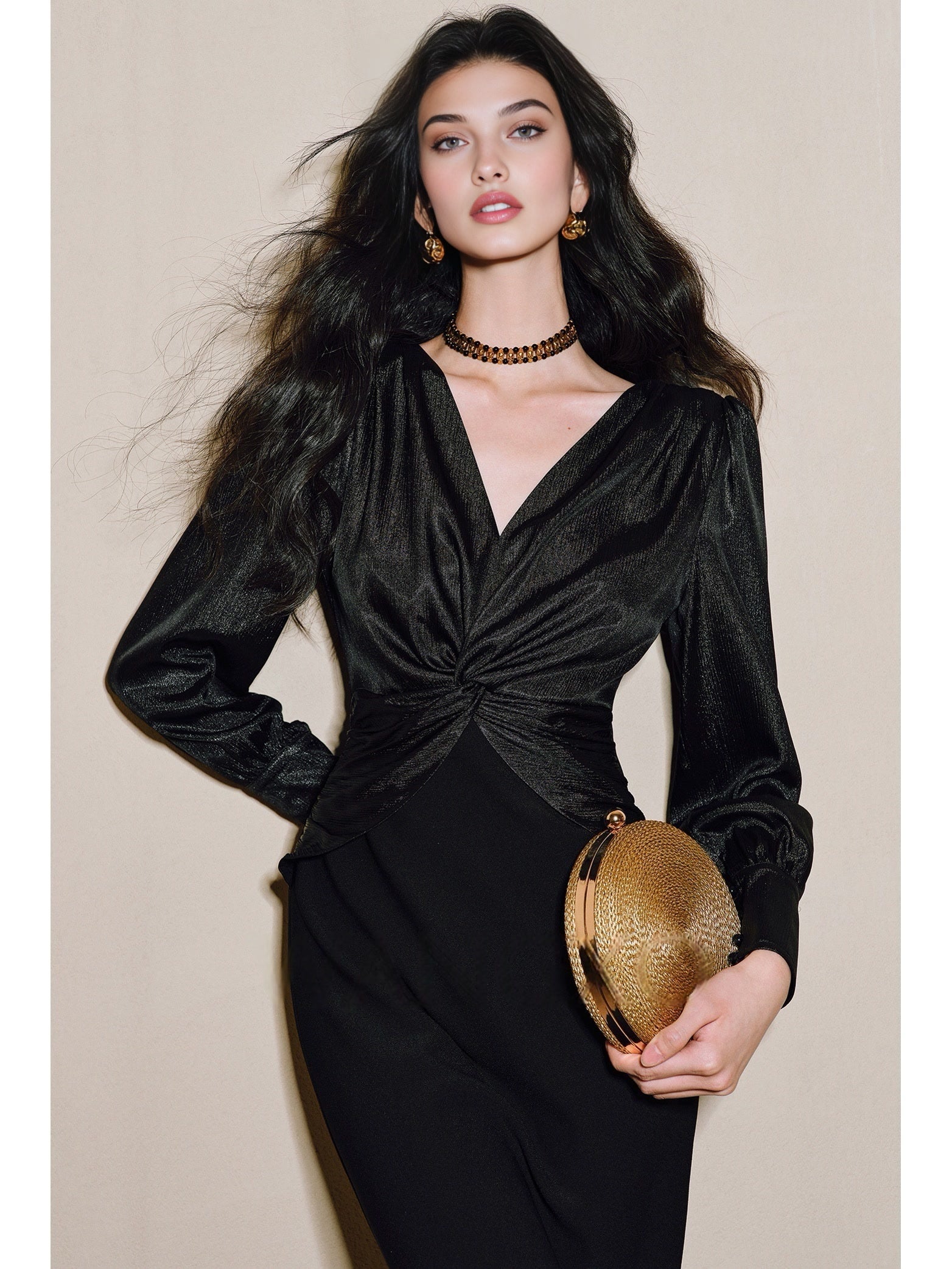 Shimmer Crinkle Satin & Stretch Hemp Blend V-Neck Knot Waist Slim Fit Dress