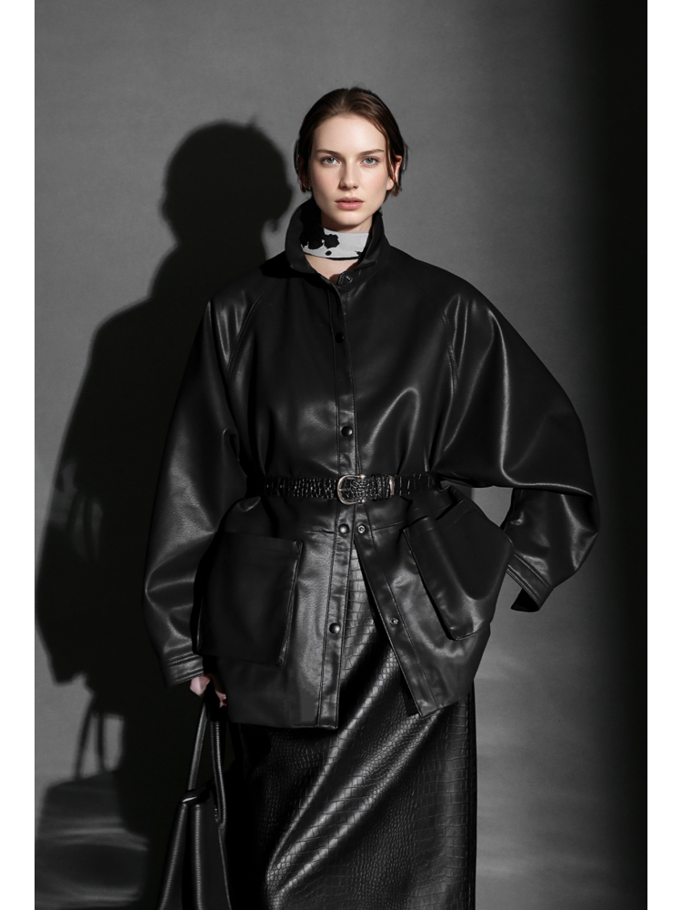 Chic Oversized Leather Jacket for Women – Premium Lambskin Commuter Coat with Large Pockets, Autumn Fashion